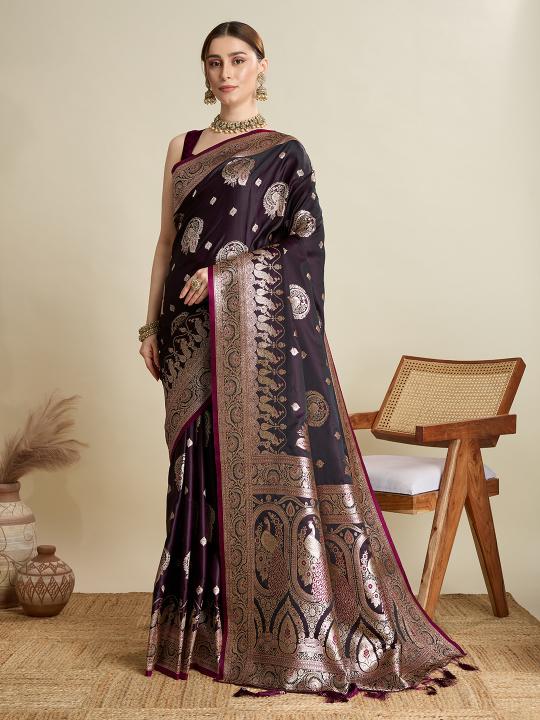 Wine Satin Silk Saree