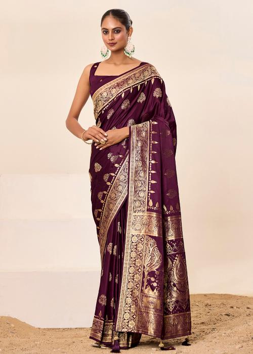 Wine Satin Silk Saree