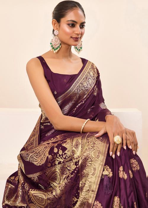Wine Satin Silk Saree