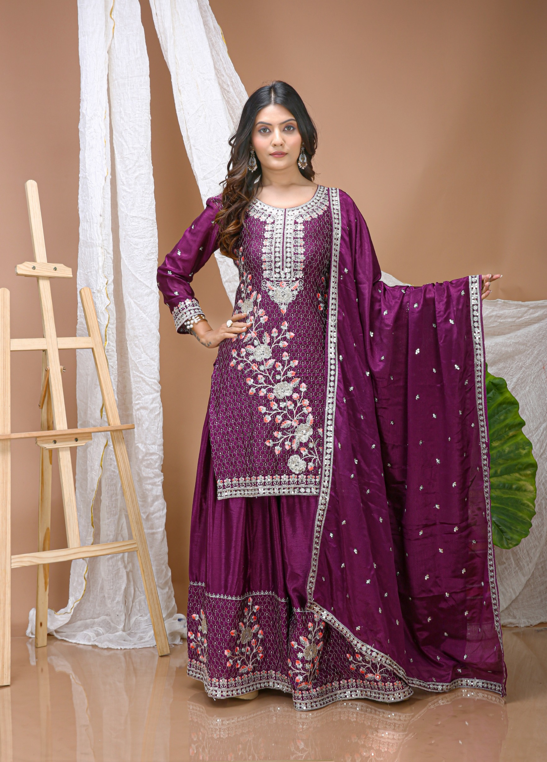 Wine Sequins Thread Embroidered Chinon Salwar Suit
