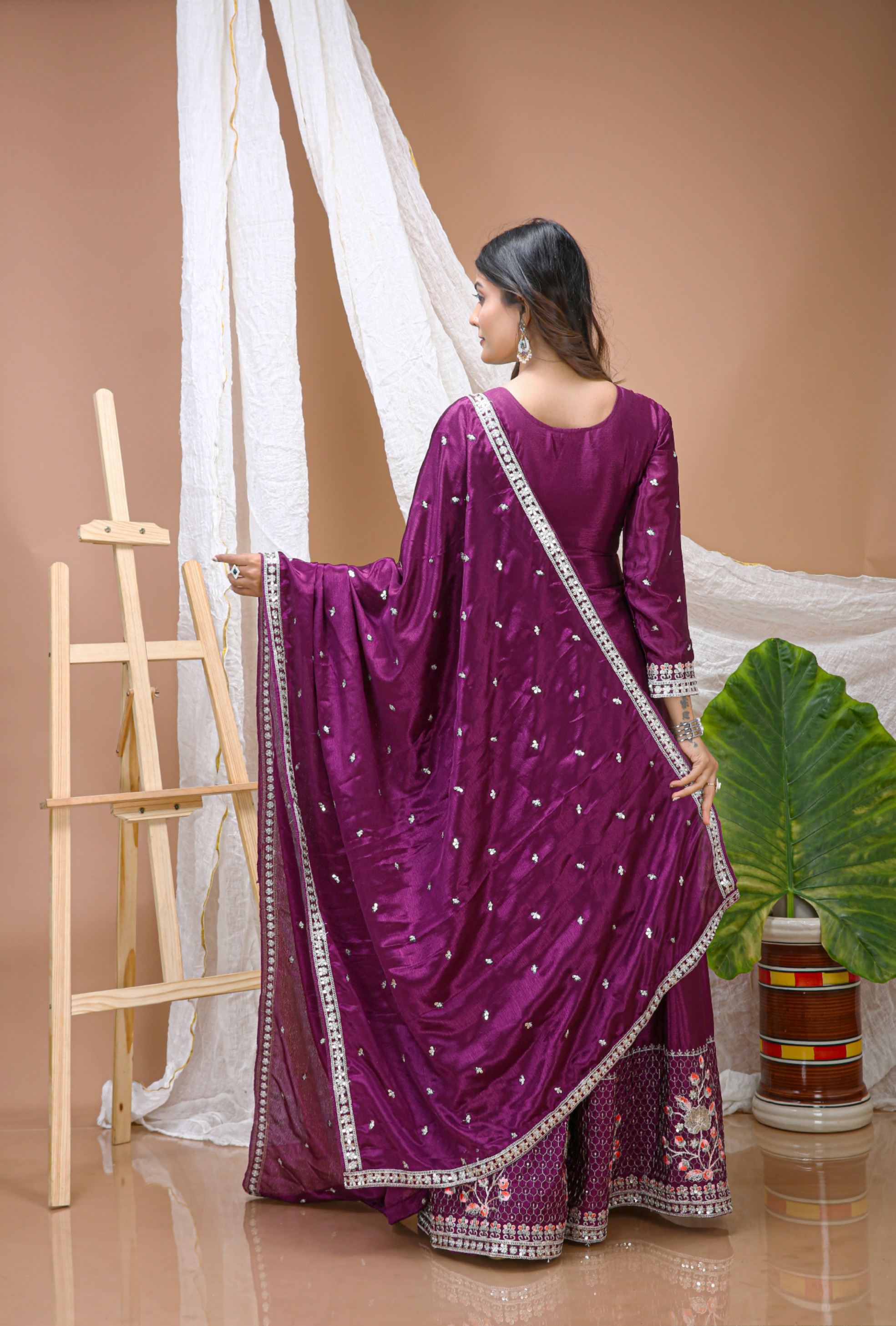 Wine Sequins Thread Embroidered Chinon Salwar Suit — alternate view