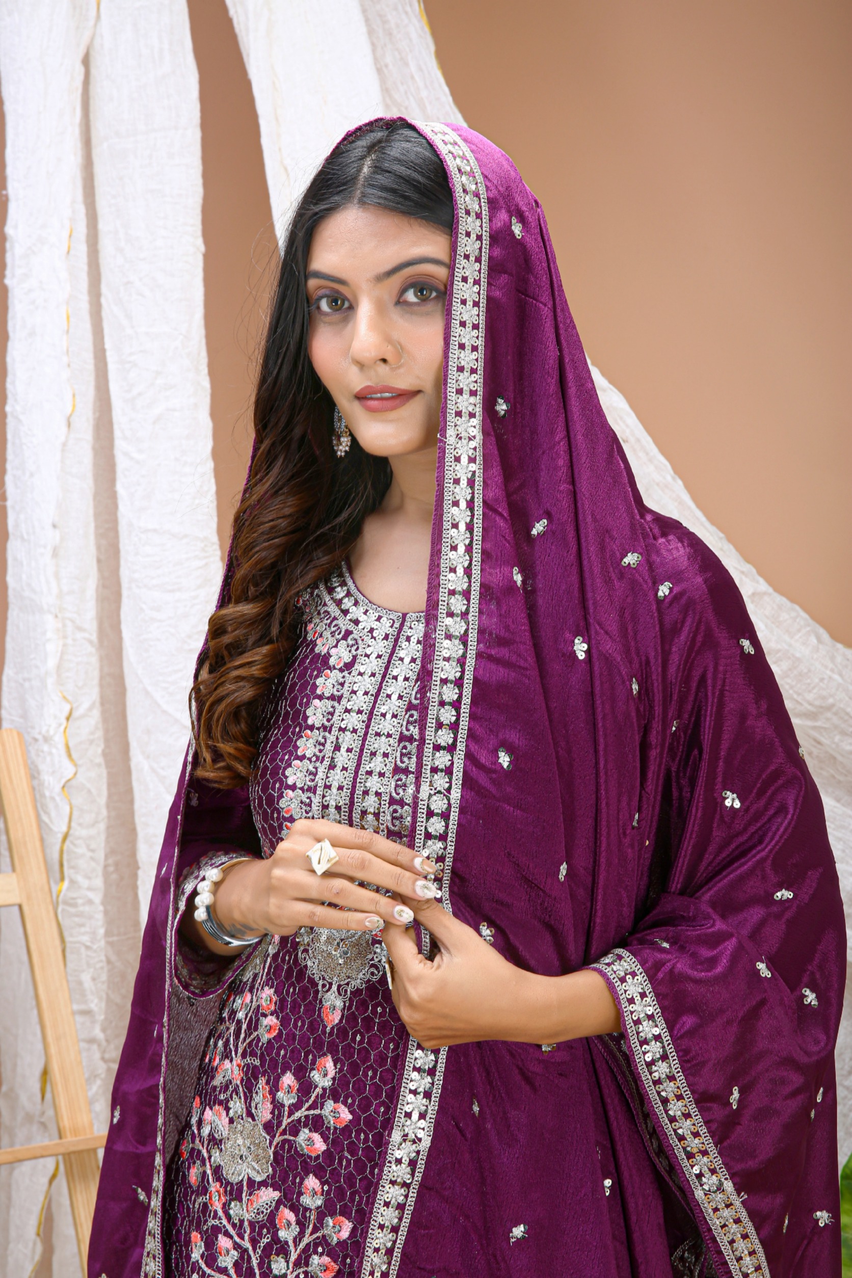 Wine Sequins Thread Embroidered Chinon Salwar Suit
