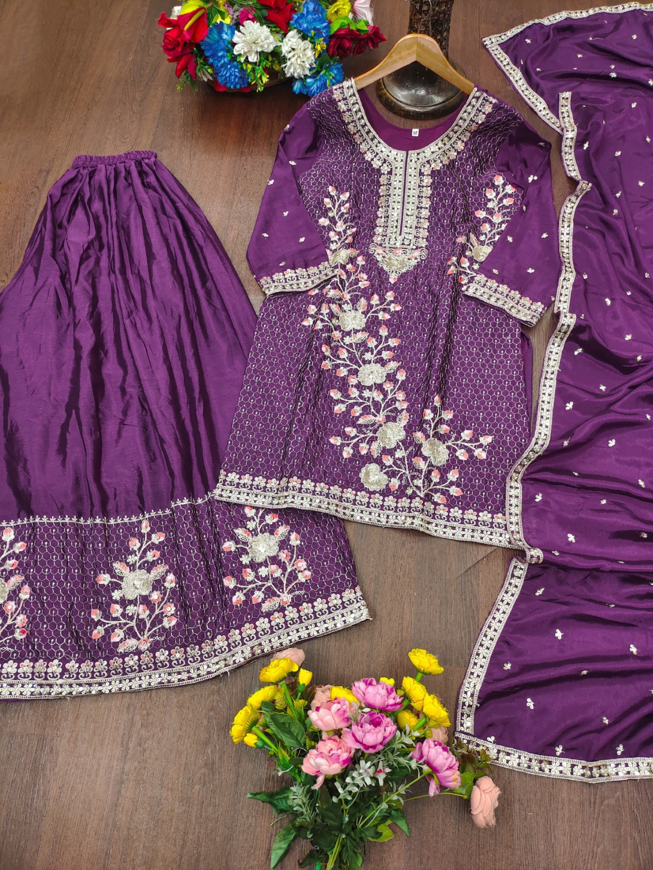 Wine Sequins Thread Embroidered Chinon Salwar Suit