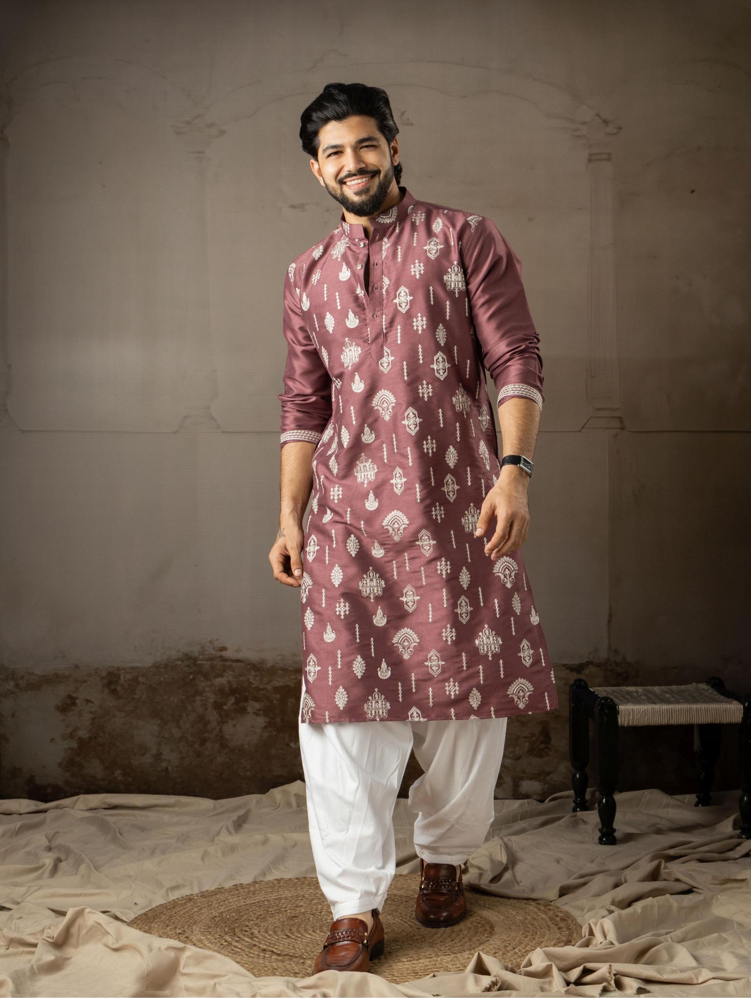 Wine Silk Embroidered Kurta Pyjama