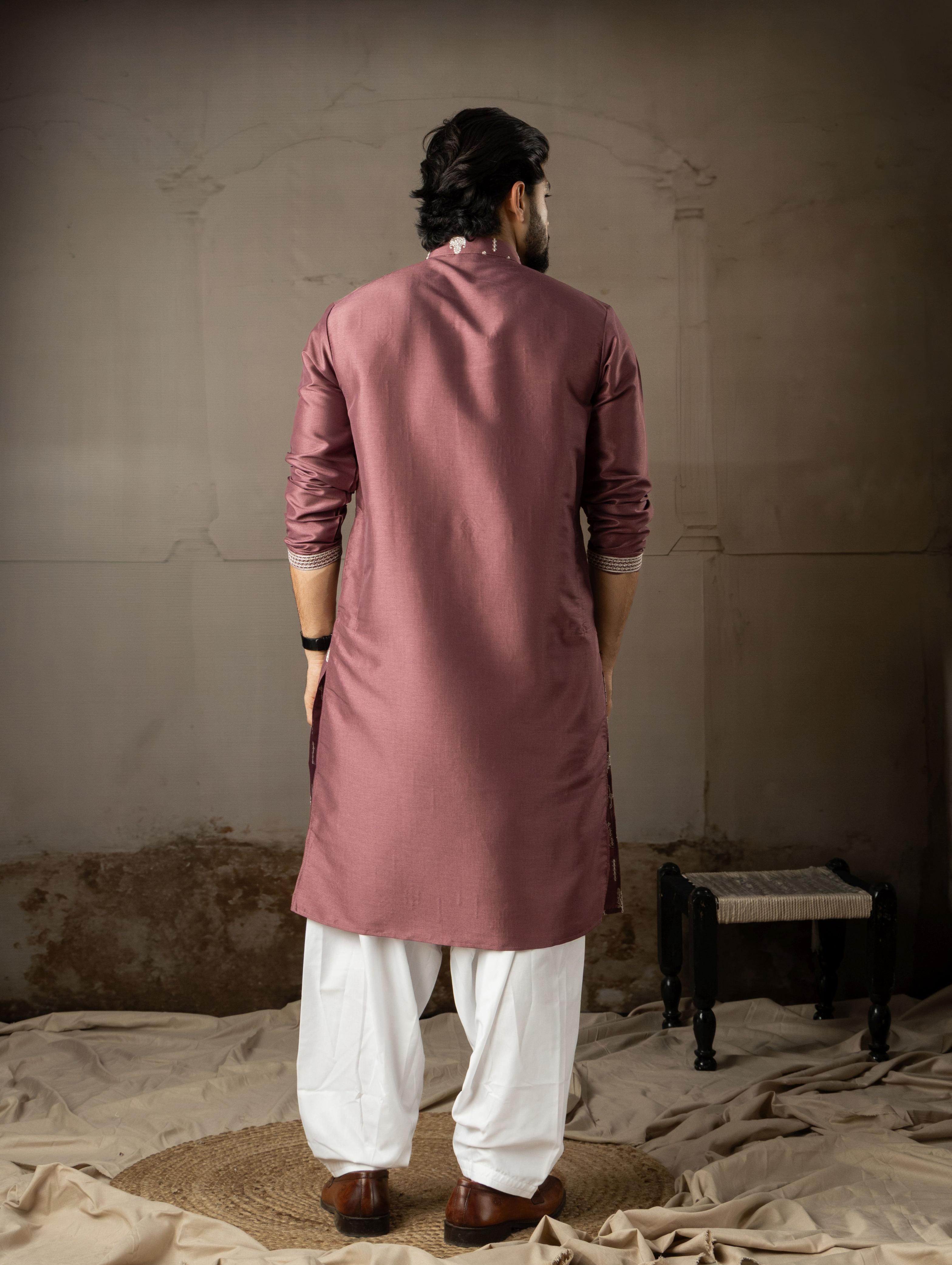 Wine Silk Embroidered Kurta Pyjama — alternate view