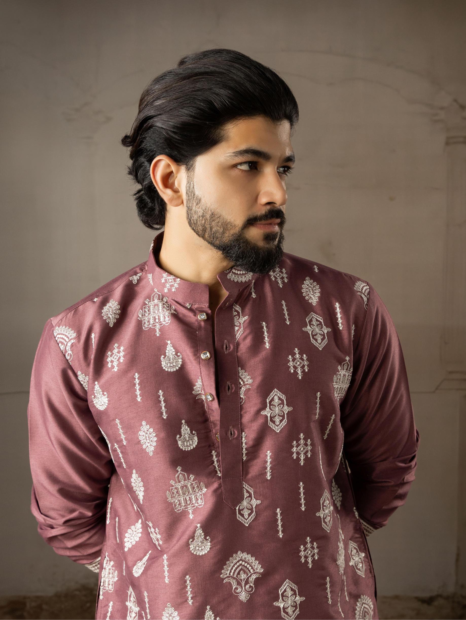 Wine Silk Embroidered Kurta Pyjama