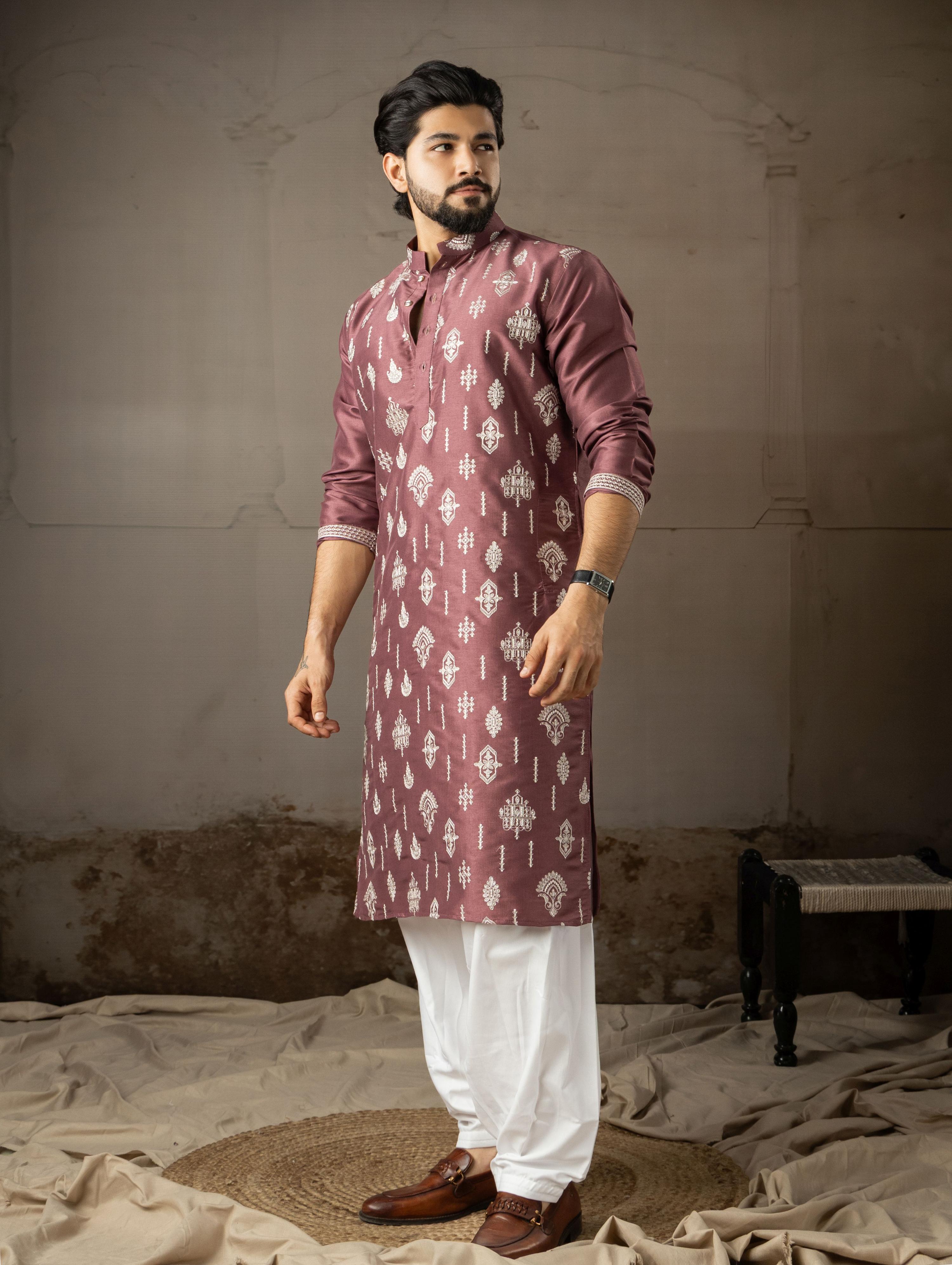 Wine Silk Embroidered Kurta Pyjama