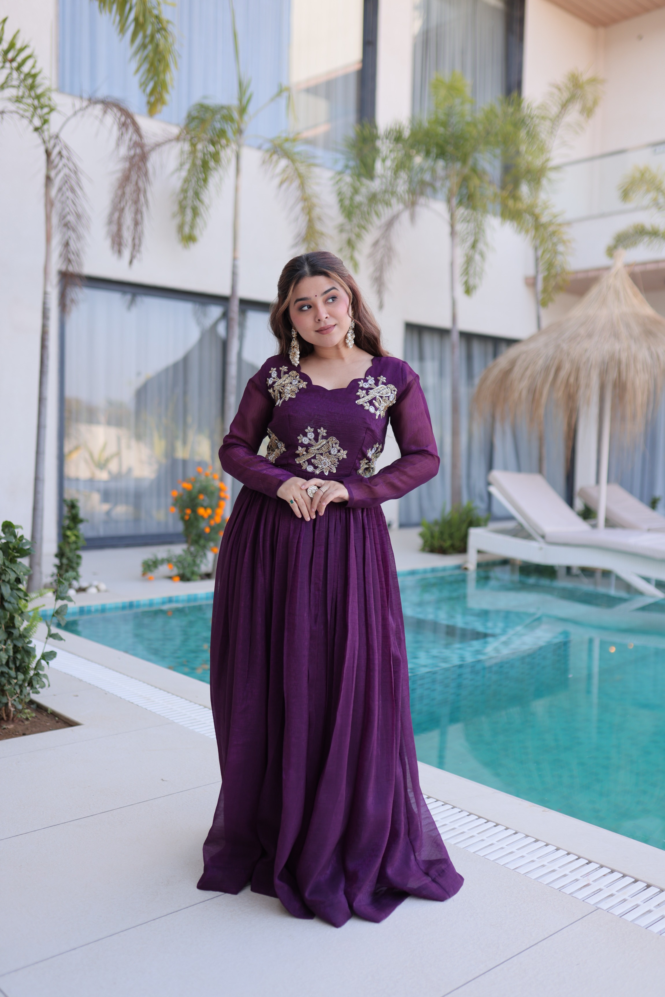 Wine Silver Crunchy Beads Embroidered Long Gown