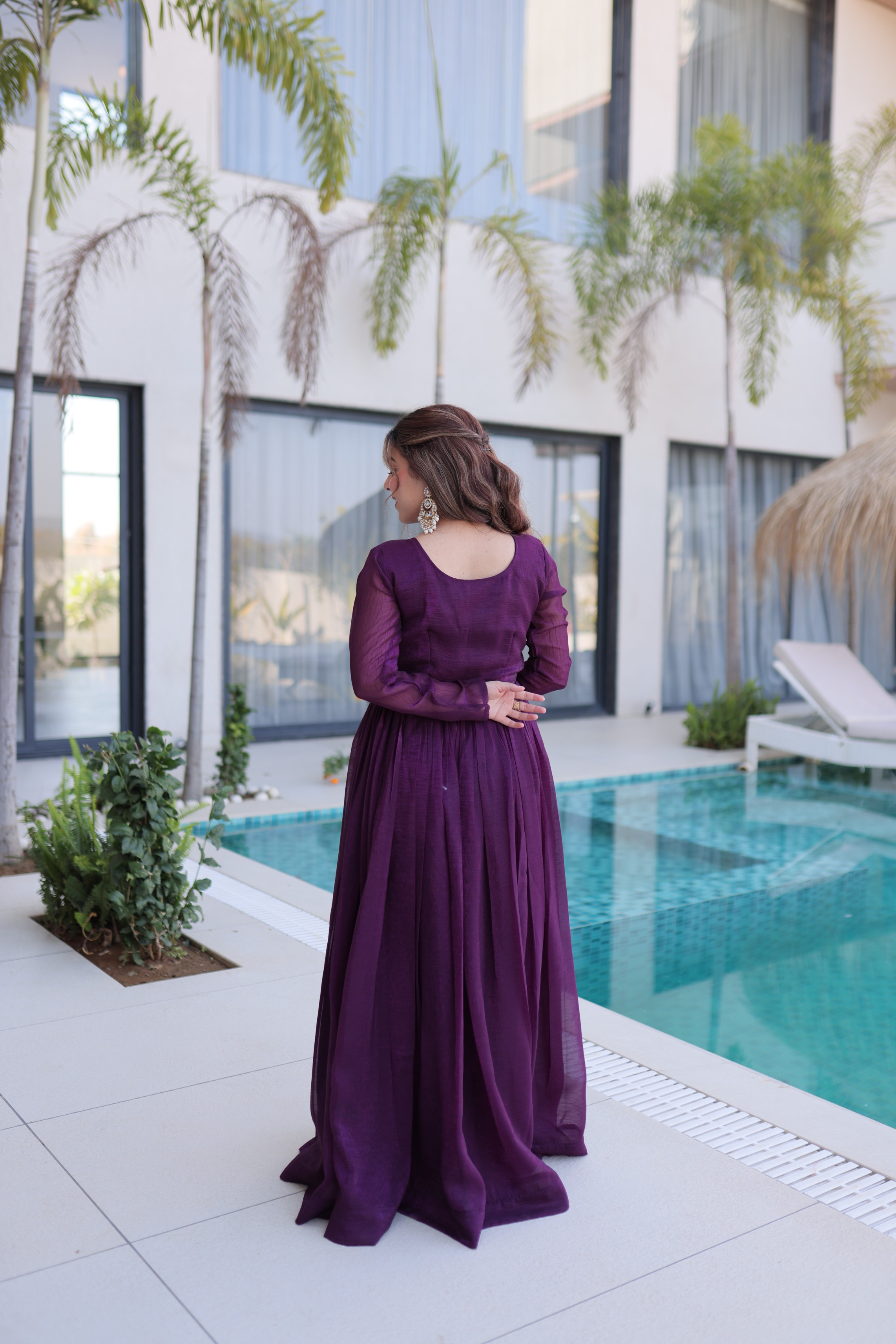 Wine Silver Crunchy Beads Embroidered Long Gown — alternate view