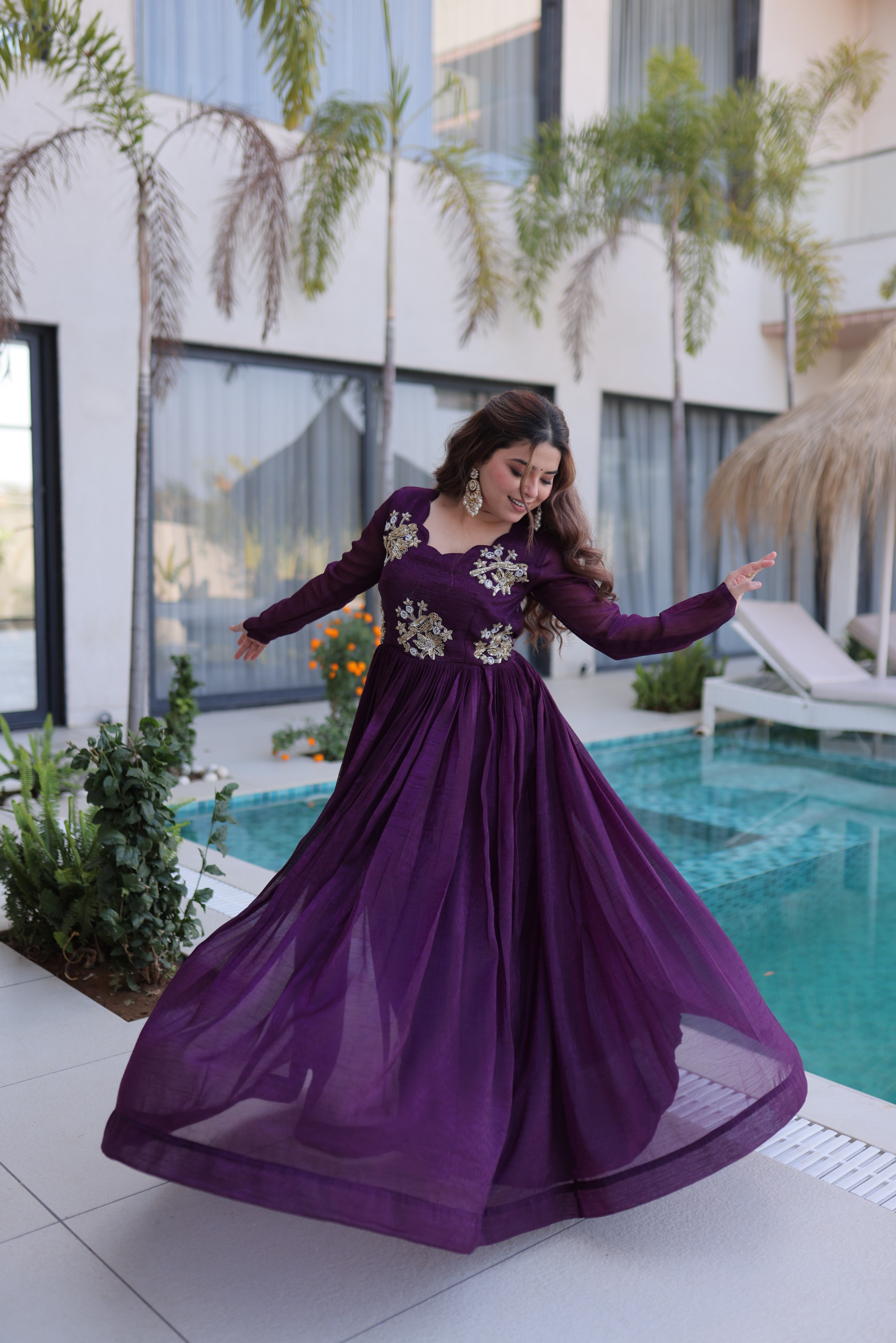 Wine Silver Crunchy Beads Embroidered Long Gown