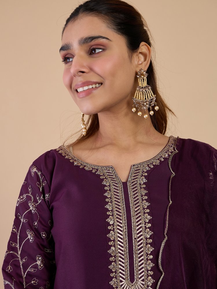 Wine Solid Embroidered Silk Blend Straight Suit
