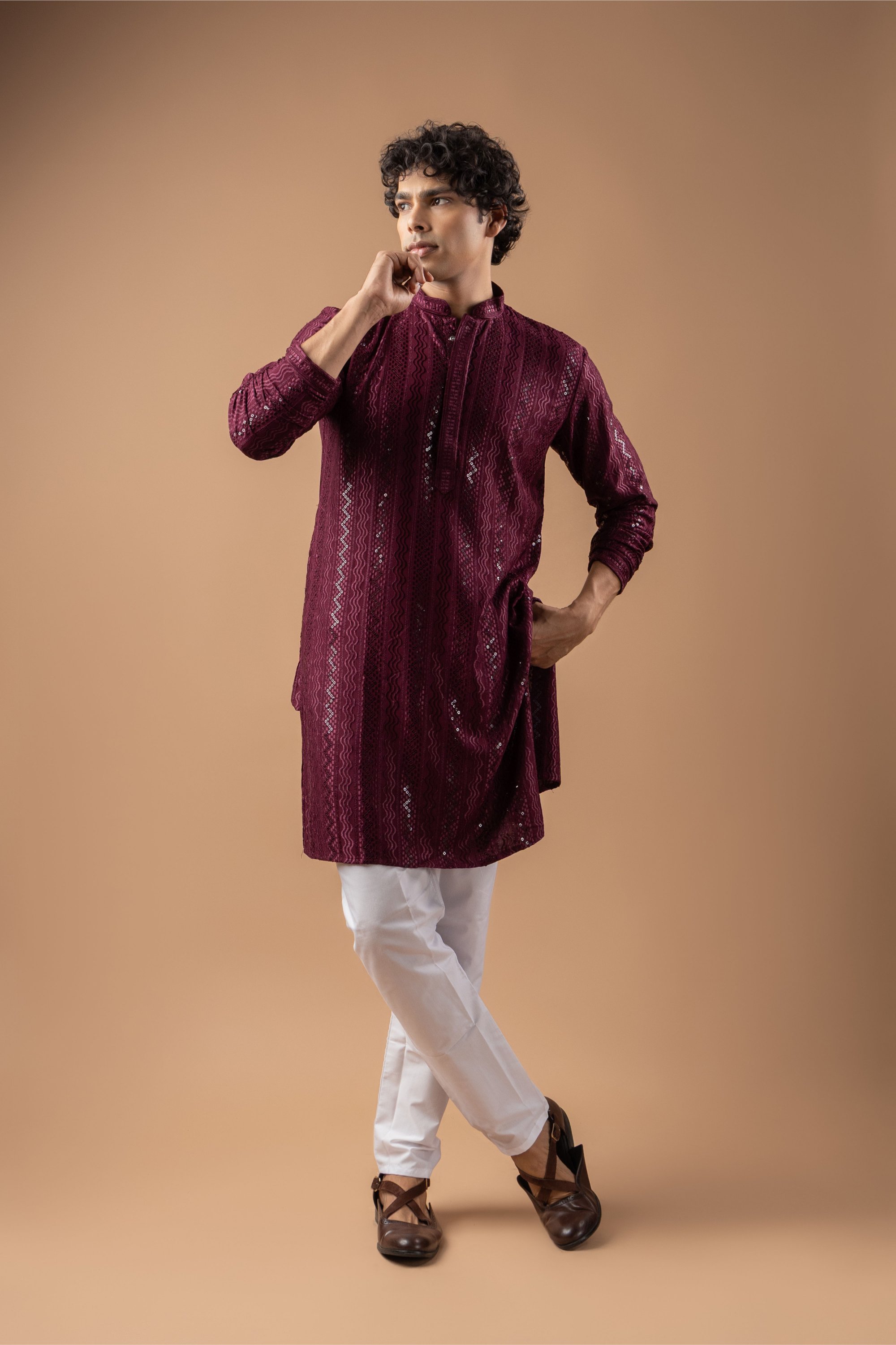 Wine Stripe Embroidery Rayon Kurta Pyjama