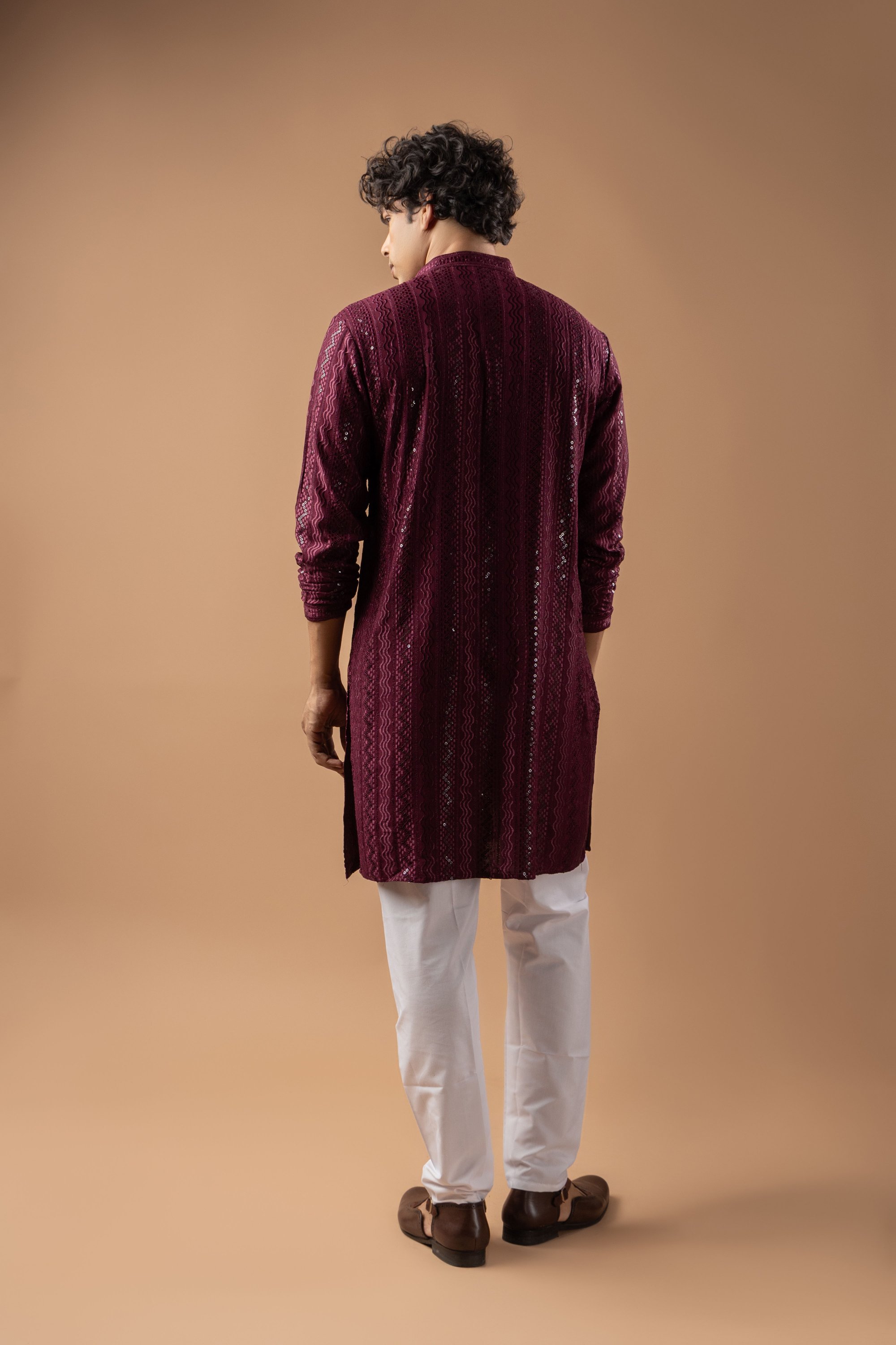 Wine Stripe Embroidery Rayon Kurta Pyjama — alternate view