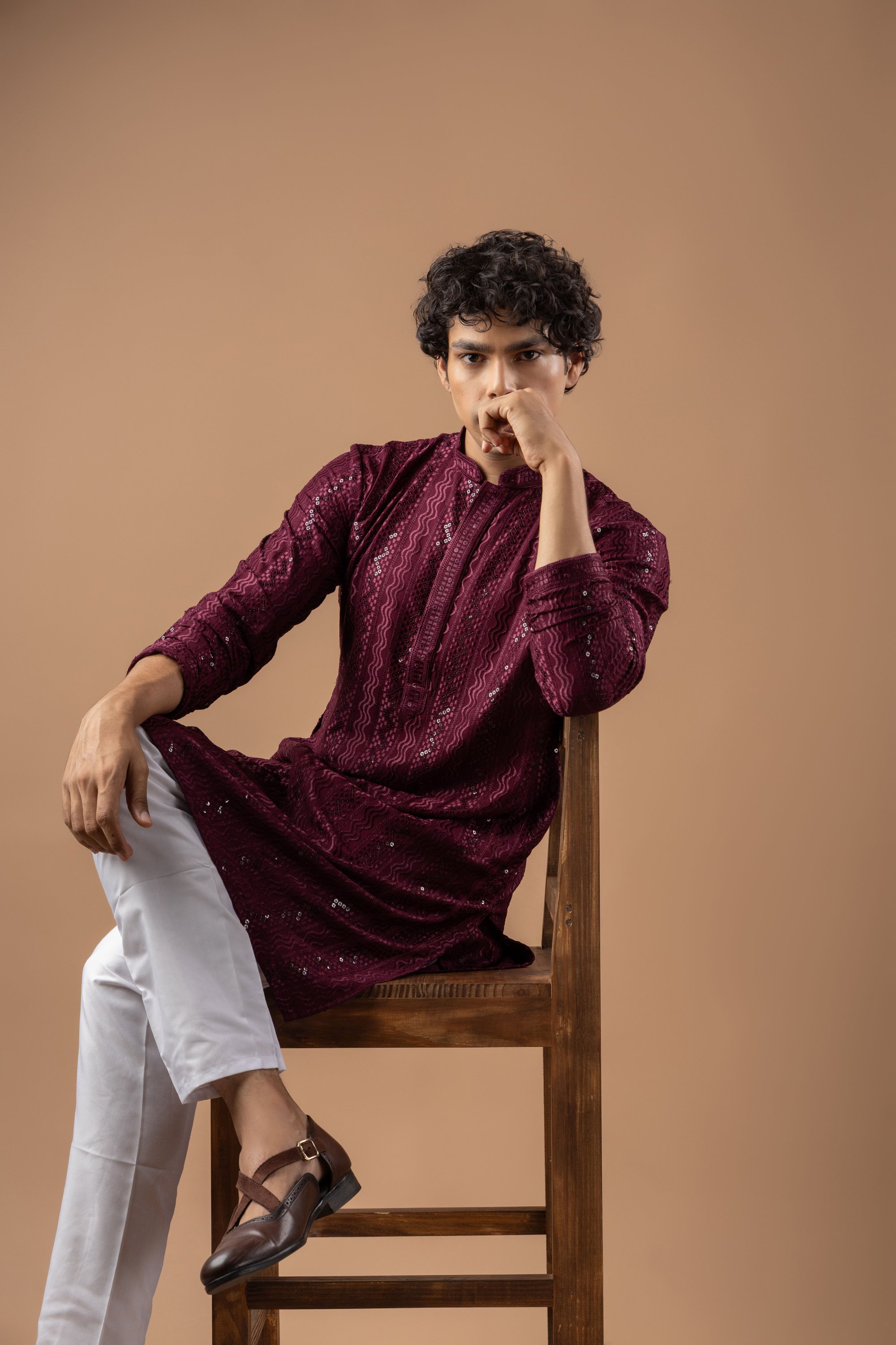 Wine Stripe Embroidery Rayon Kurta Pyjama