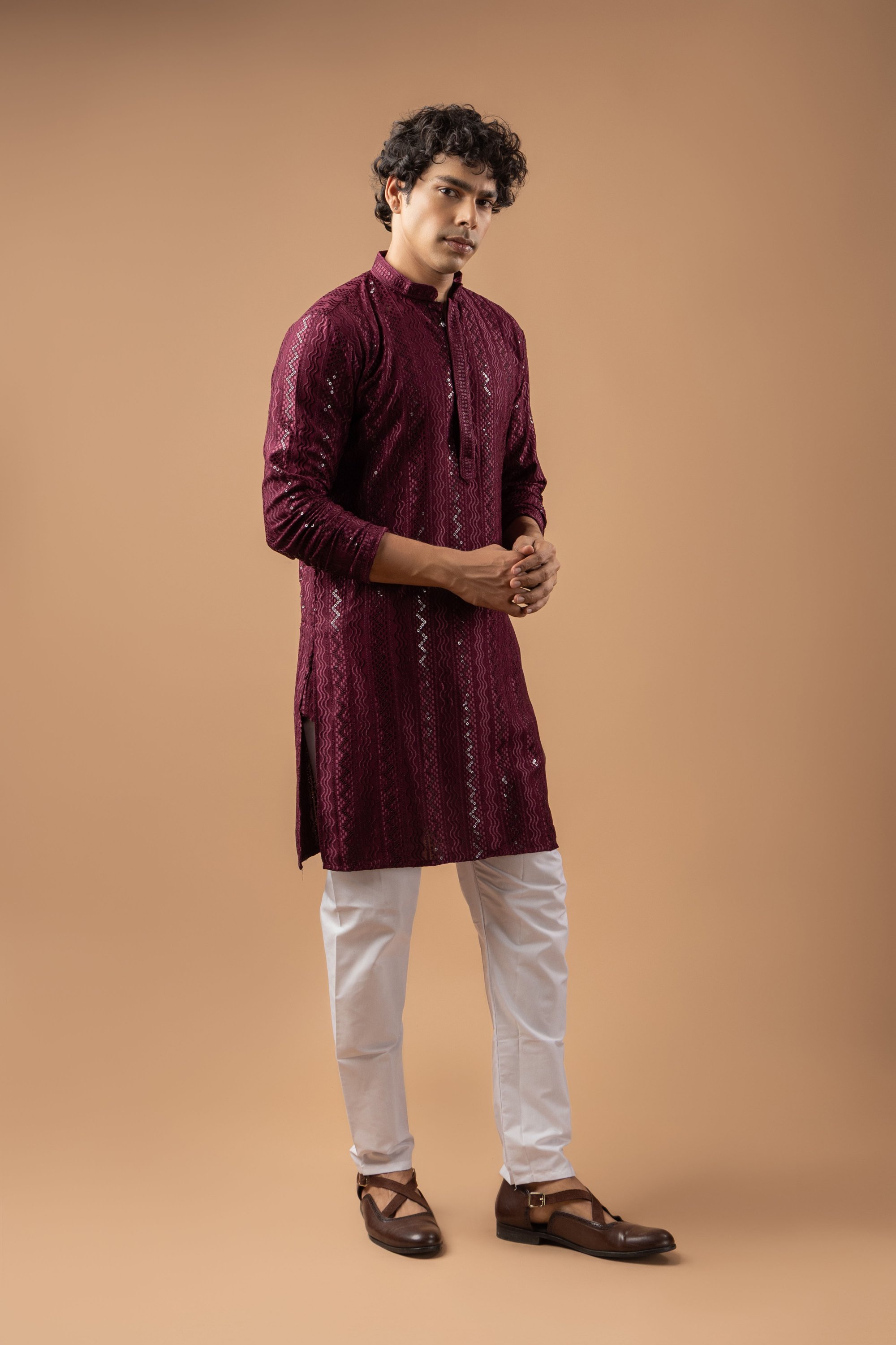 Wine Stripe Embroidery Rayon Kurta Pyjama