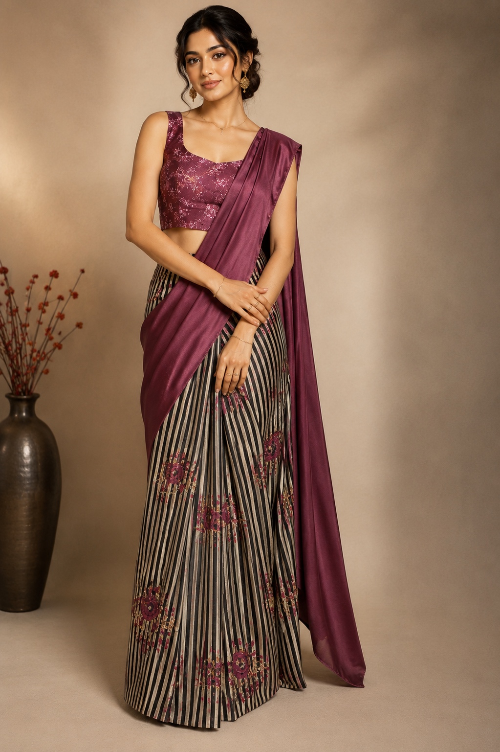 Wine Stripe Floral Ready To Wear Saree