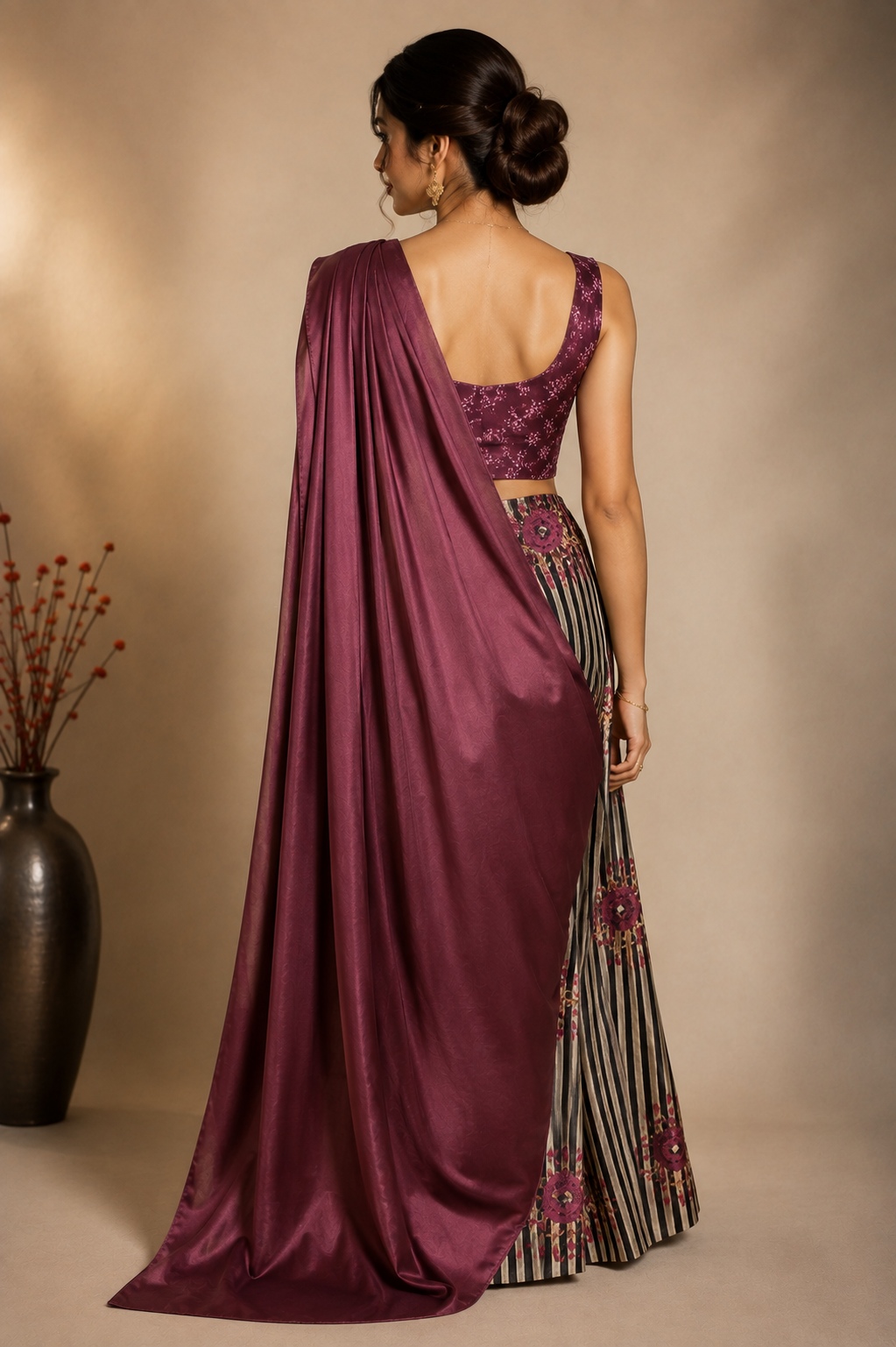 Wine Stripe Floral Ready To Wear Saree — alternate view
