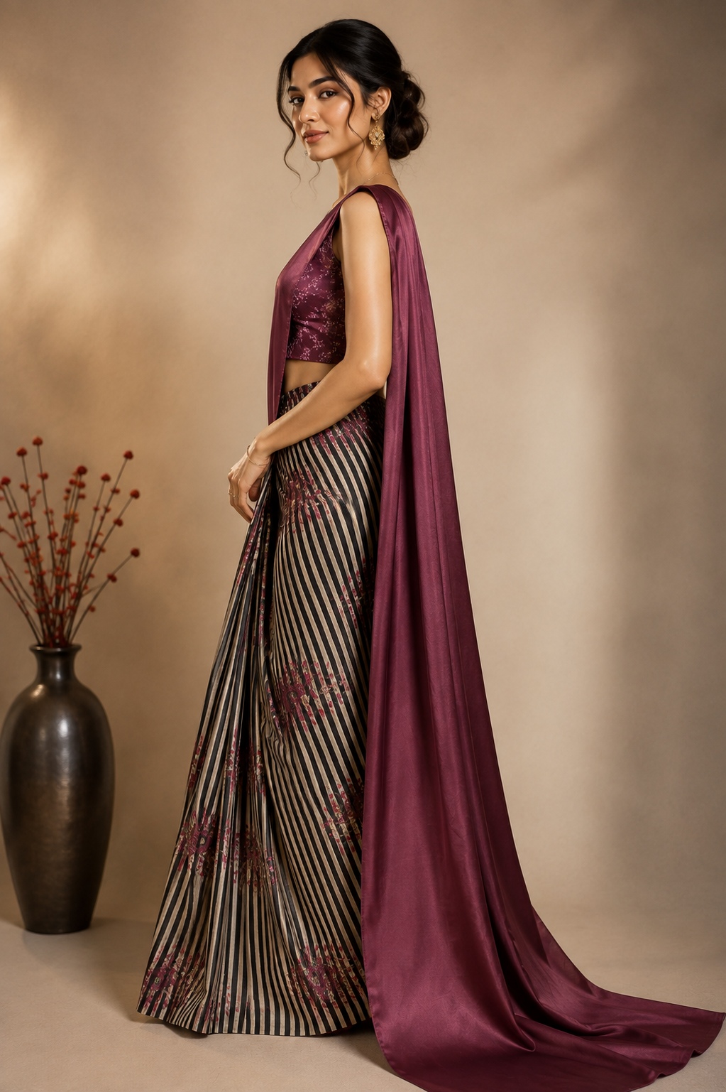 Wine Stripe Floral Ready To Wear Saree