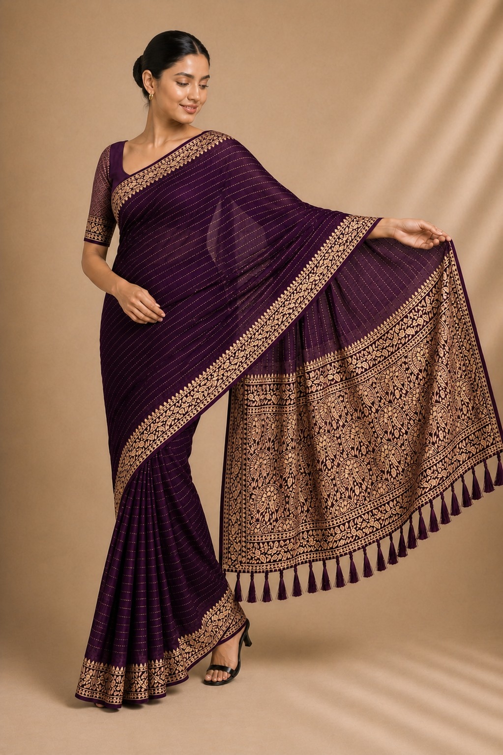 Wine Stripe Woven Chiffon Saree