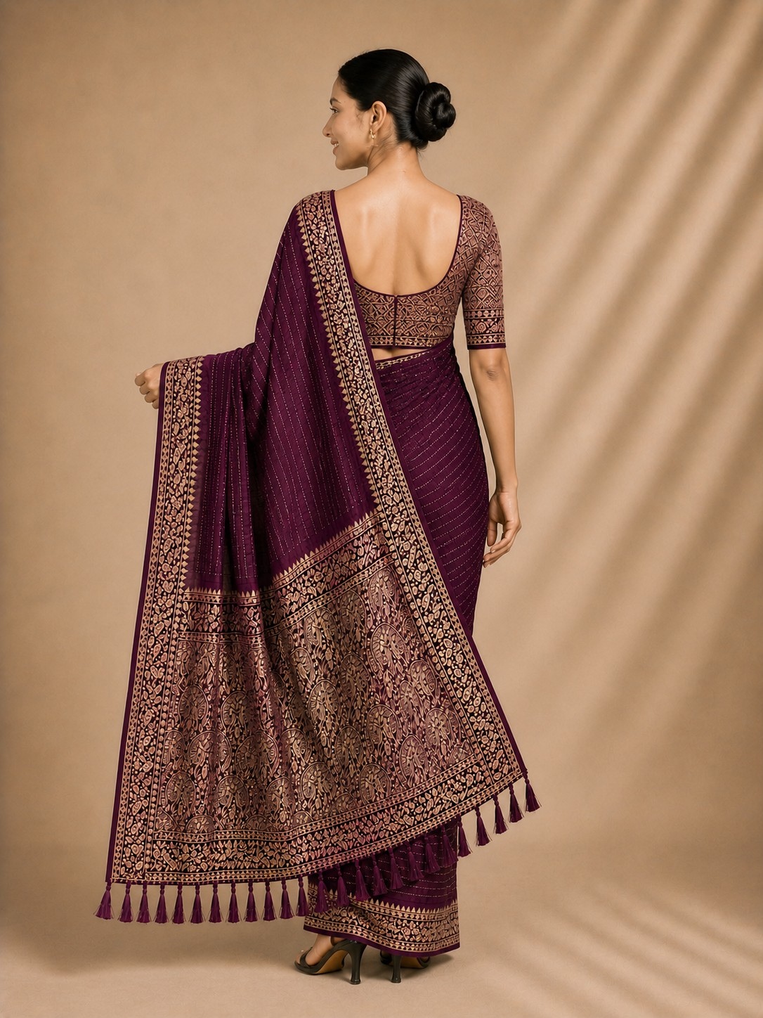 Wine Stripe Woven Chiffon Saree — alternate view