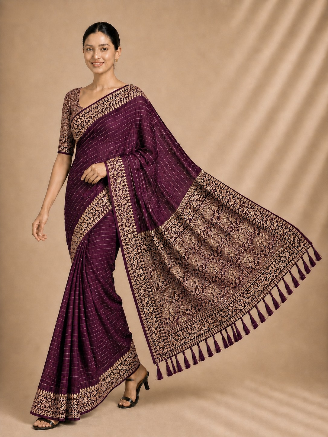 Wine Stripe Woven Chiffon Saree