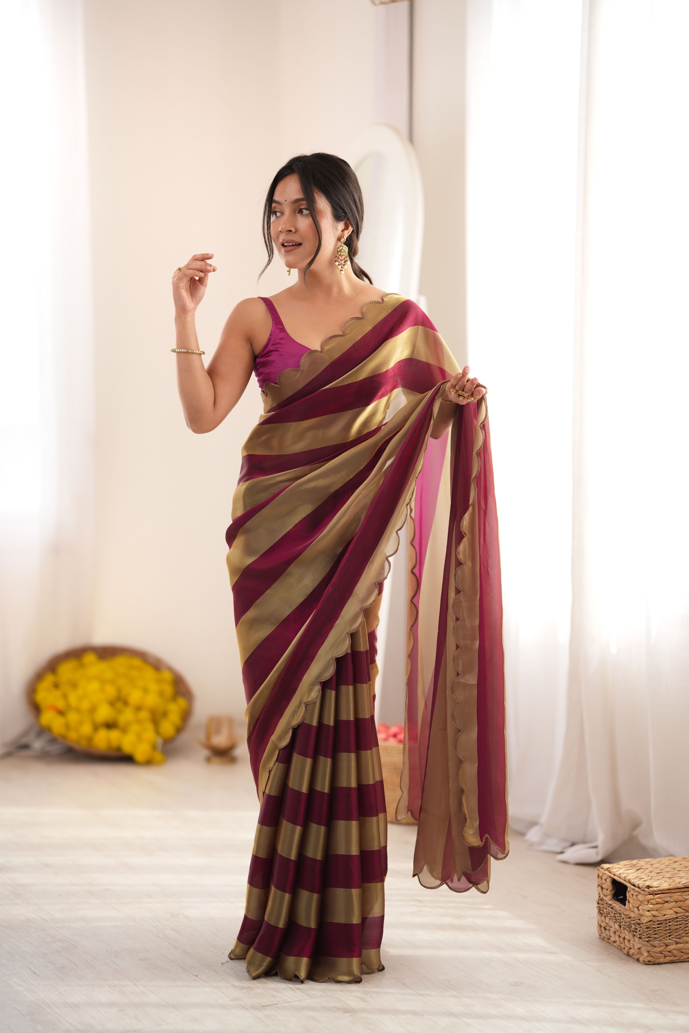 Wine Striped Woven Pattern Designer Satin Saree