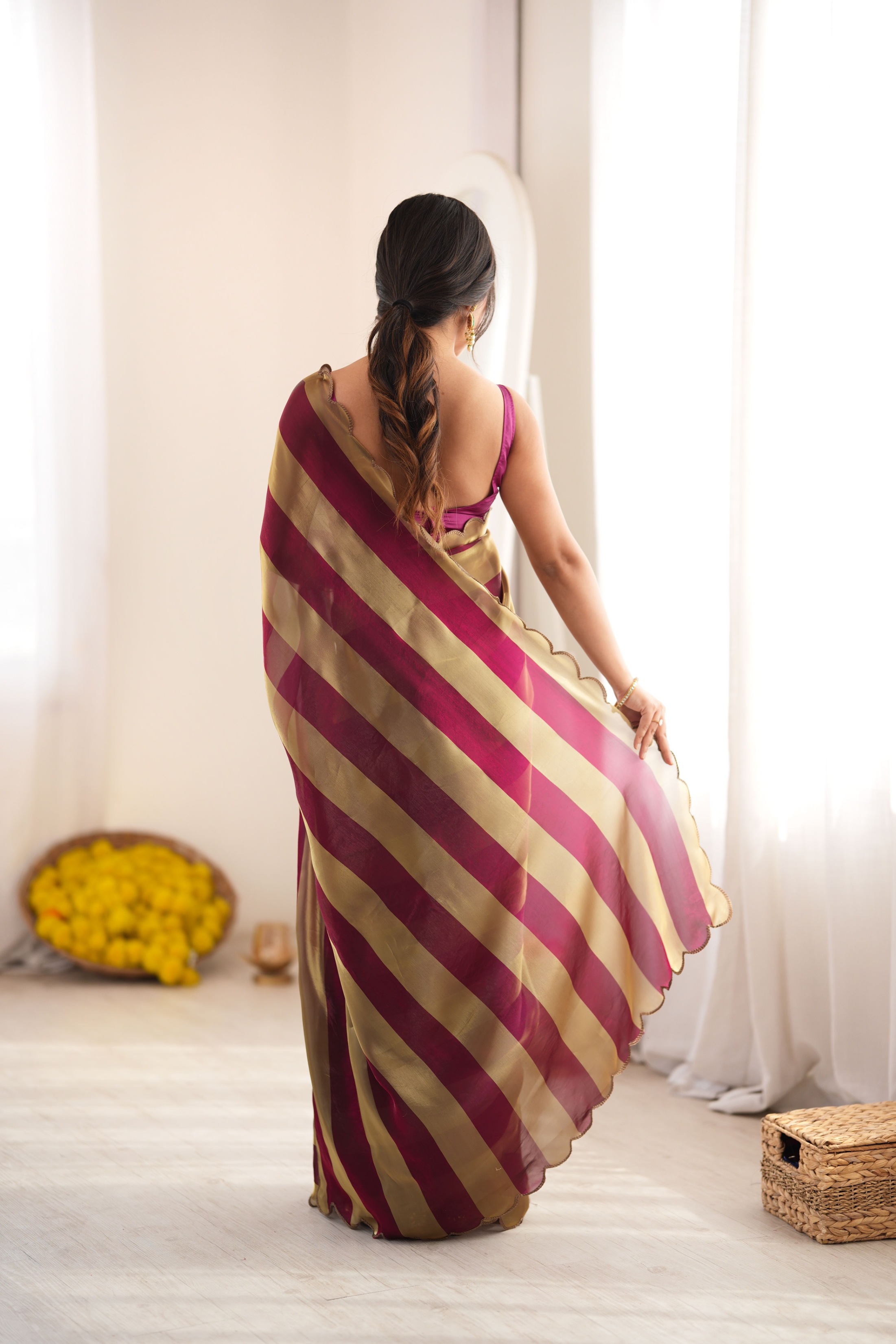 Wine Striped Woven Pattern Designer Satin Saree — alternate view