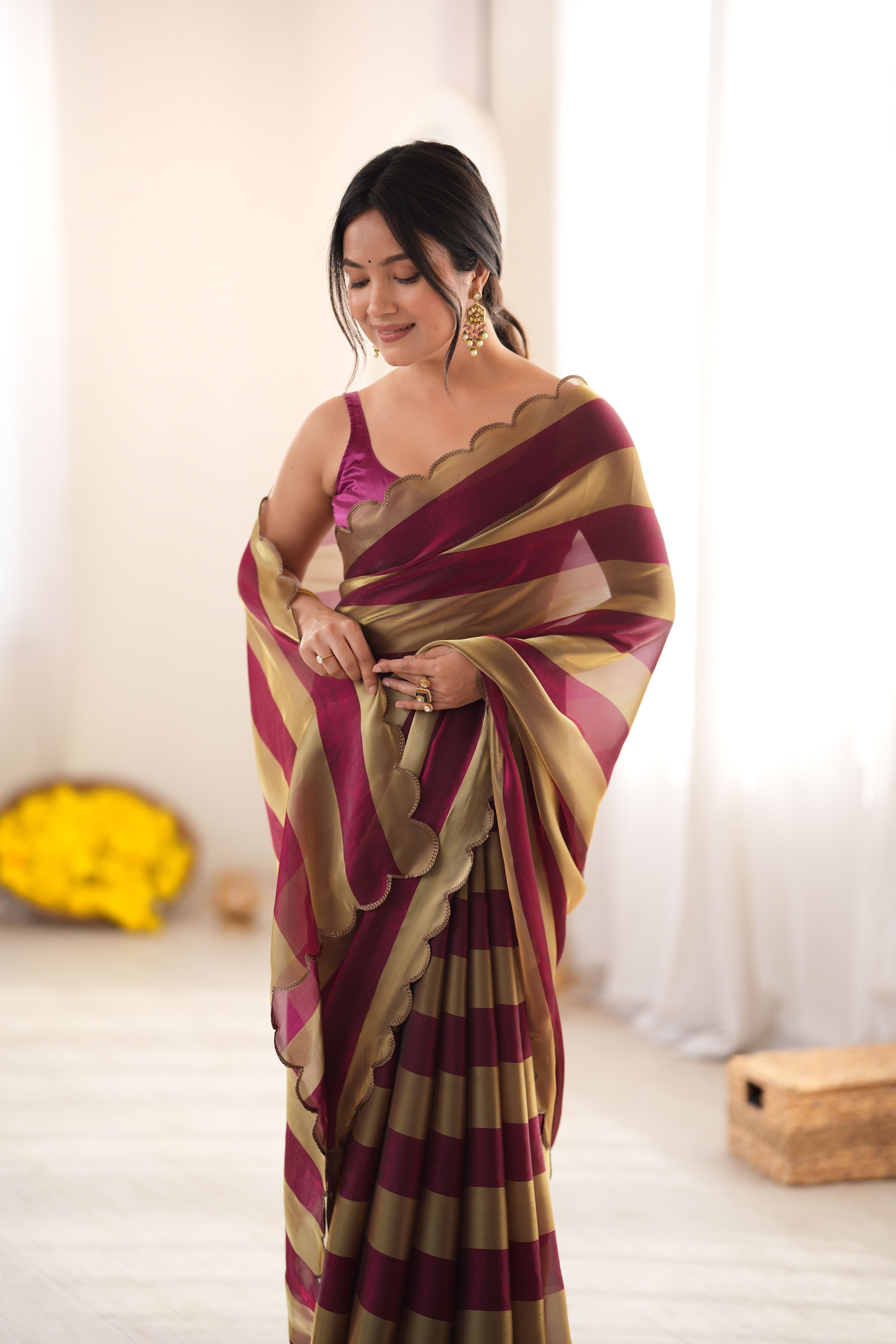 Wine Striped Woven Pattern Designer Satin Saree