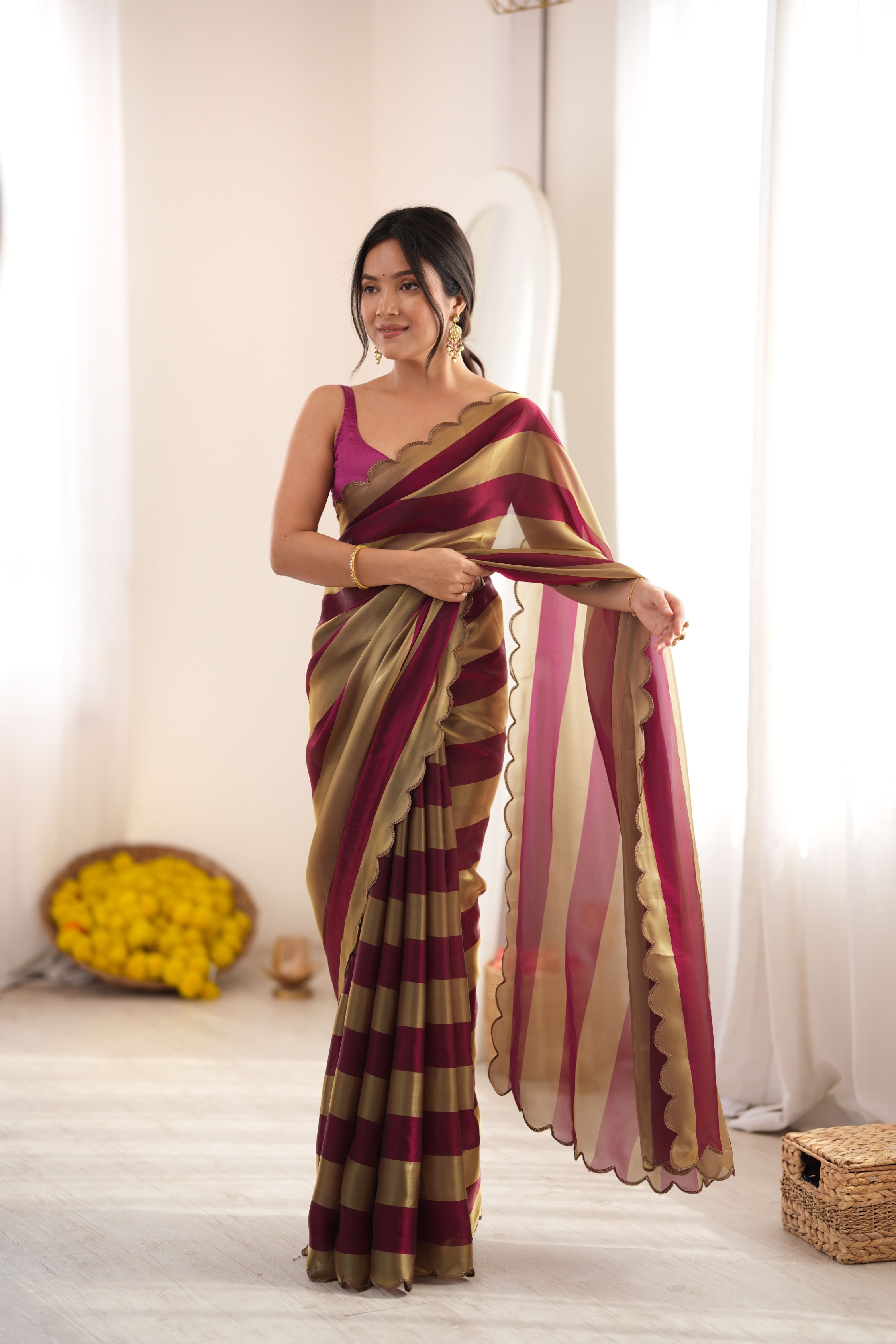 Wine Striped Woven Pattern Designer Satin Saree