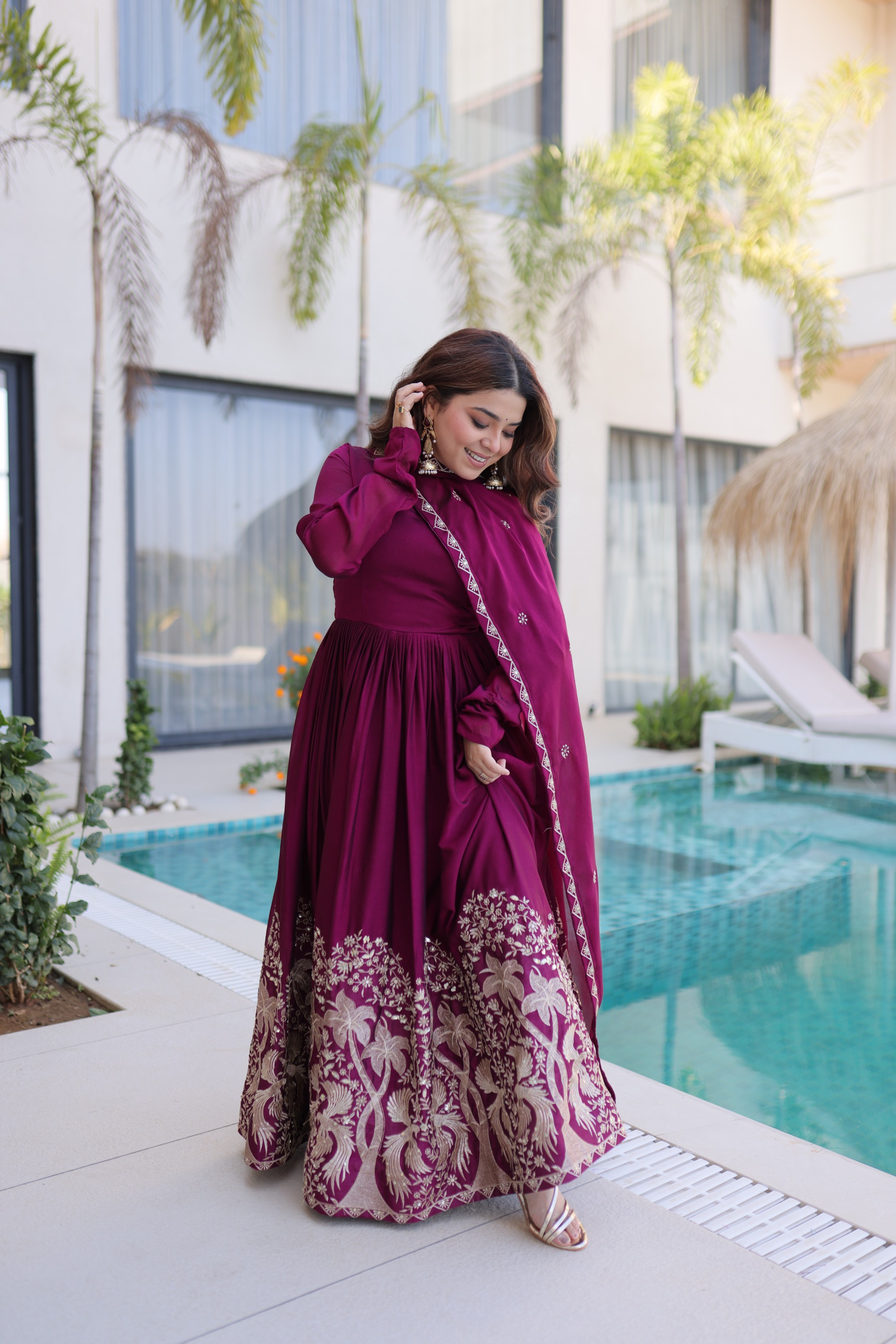 Wine Thread Sequins Embroidered Rangoli Crush Designer Gown Set