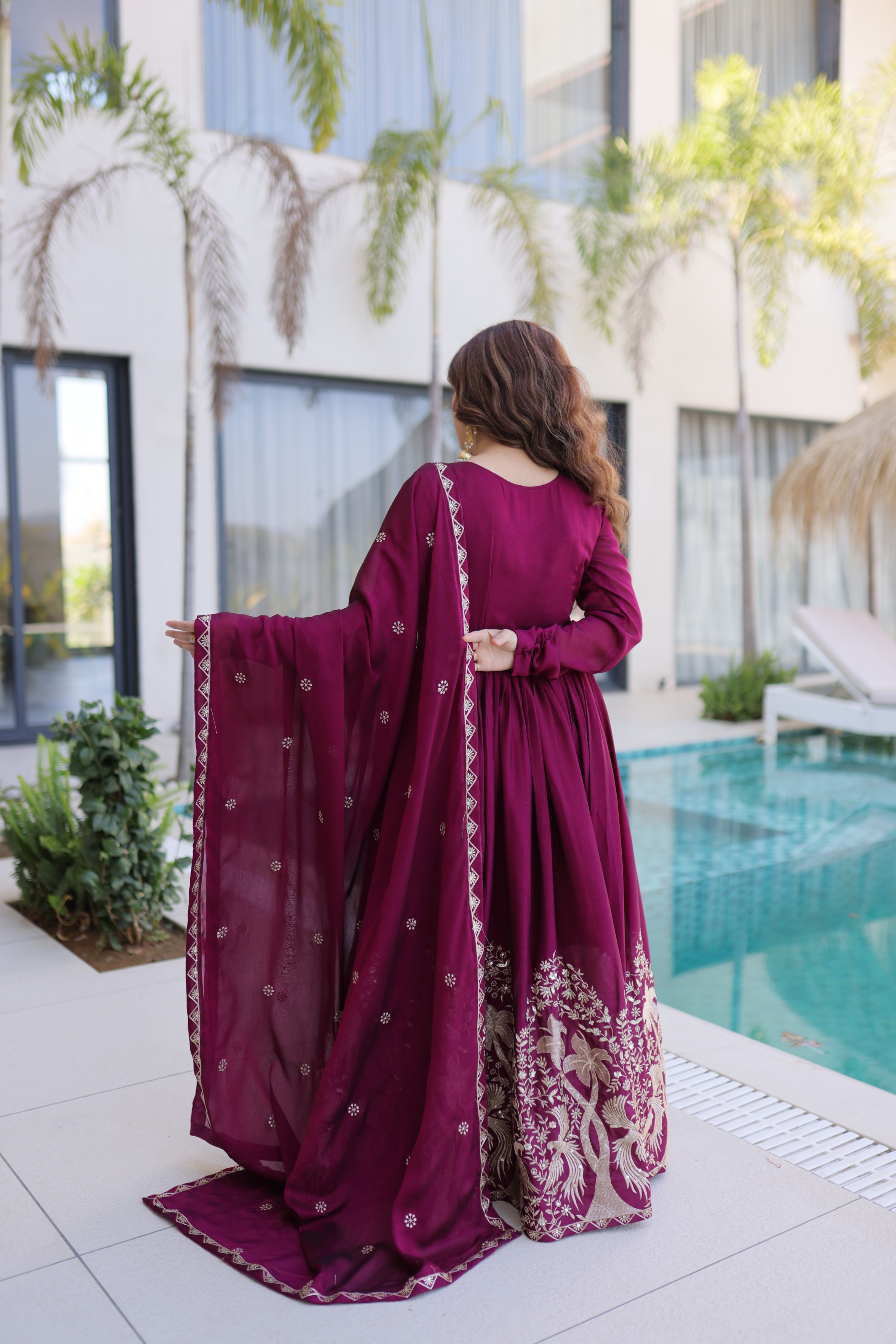Wine Thread Sequins Embroidered Rangoli Crush Designer Gown Set — alternate view