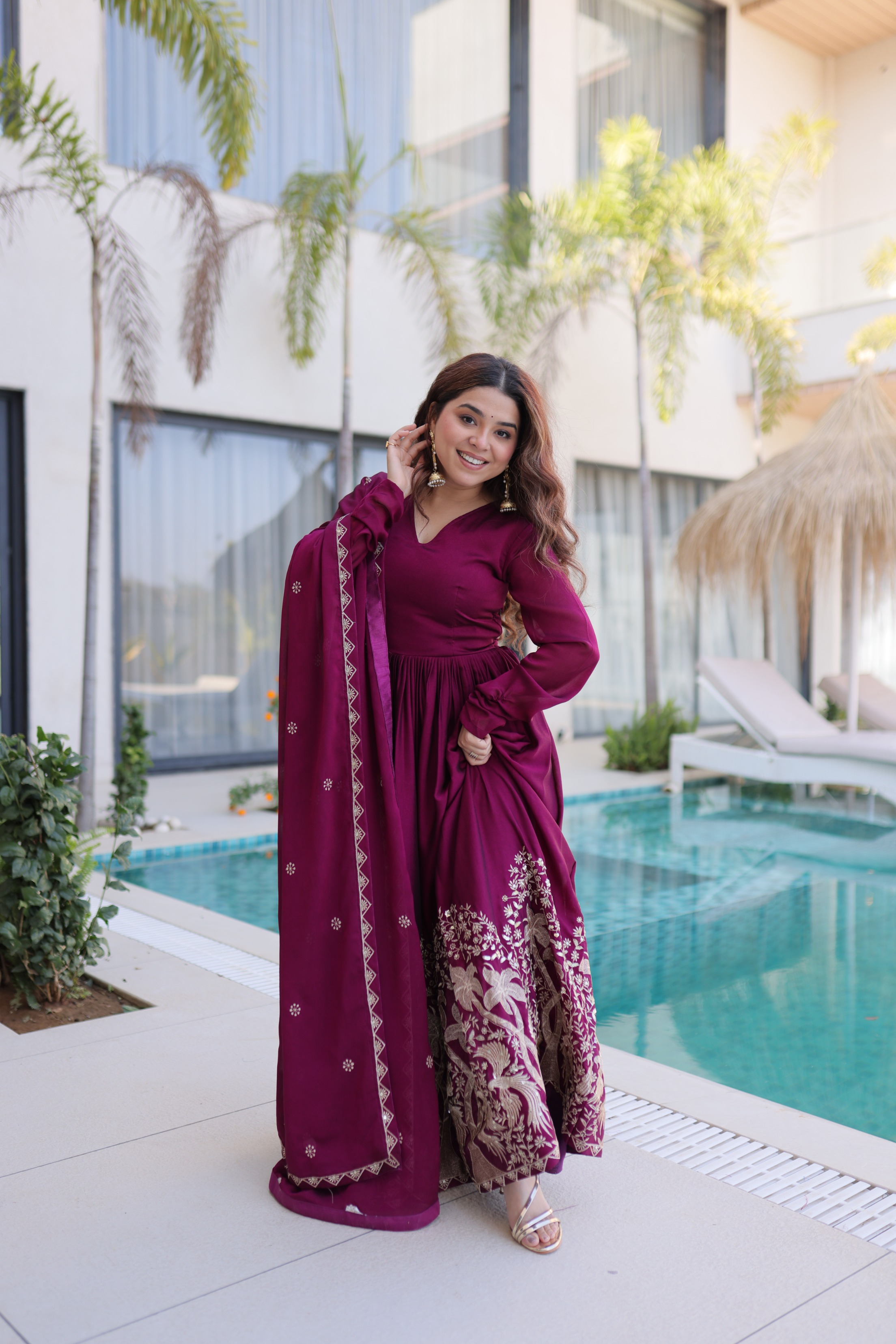Wine Thread Sequins Embroidered Rangoli Crush Designer Gown Set
