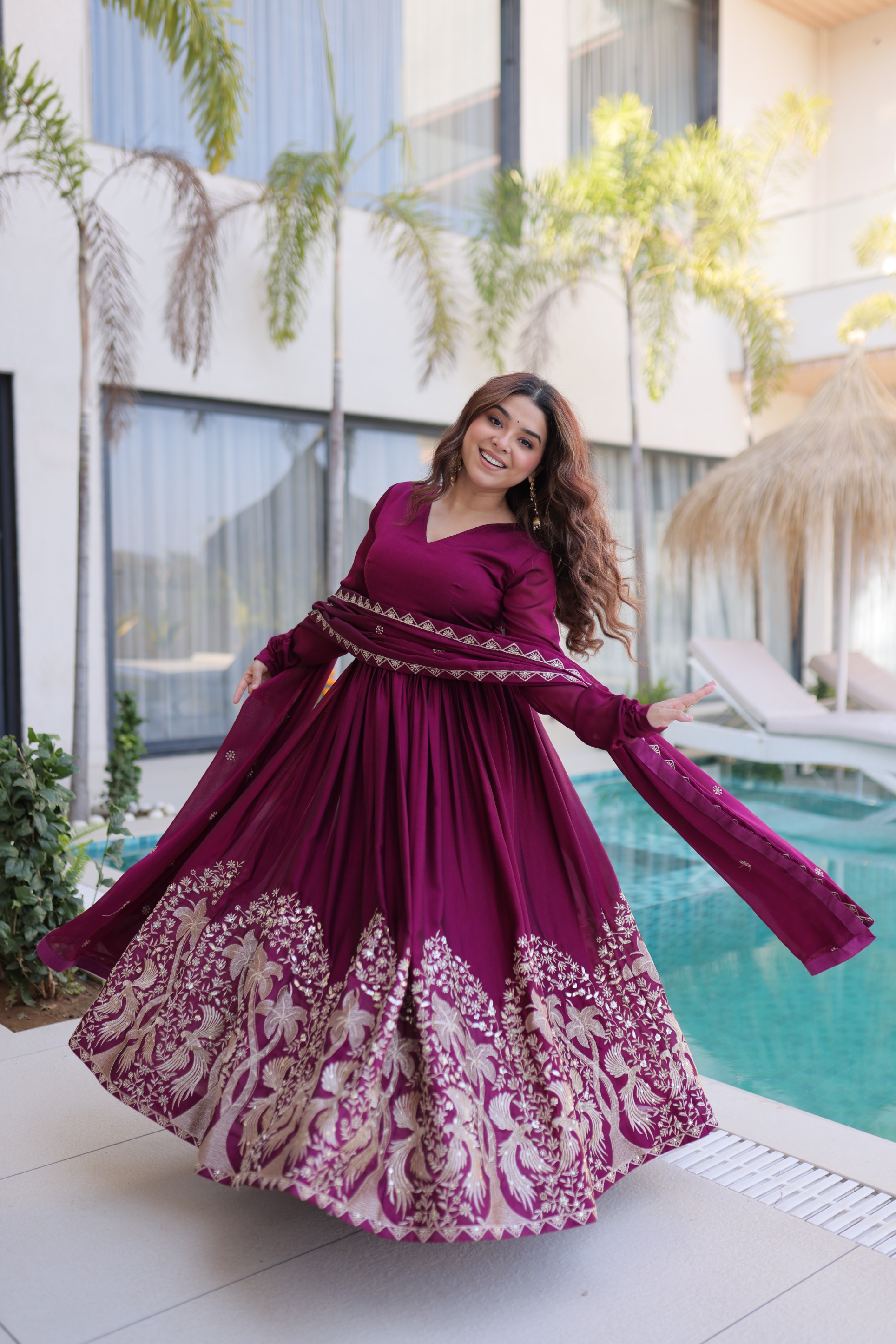 Wine Thread Sequins Embroidered Rangoli Crush Designer Gown Set