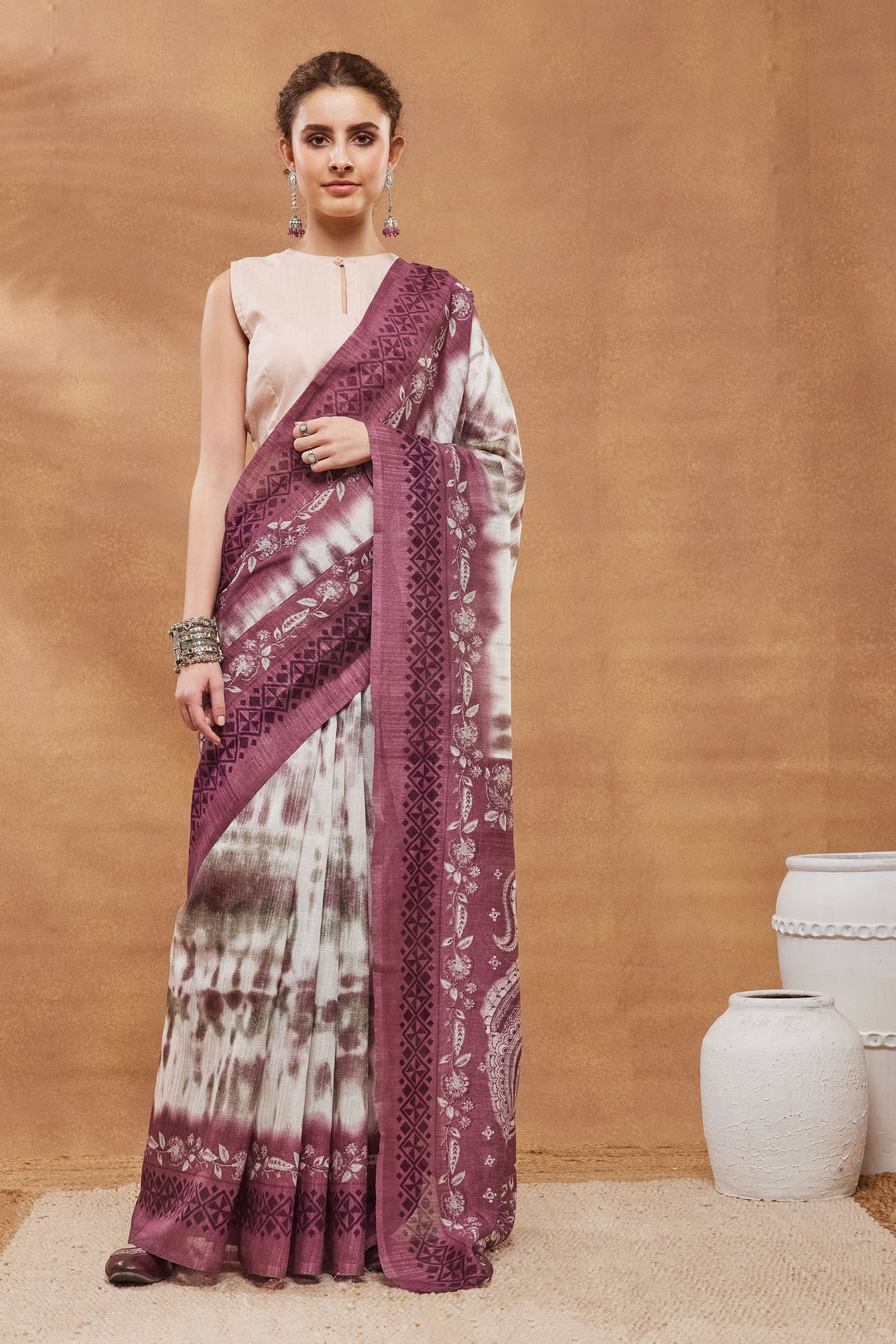 Wine Tie-Dye Floral Silk Blend Saree