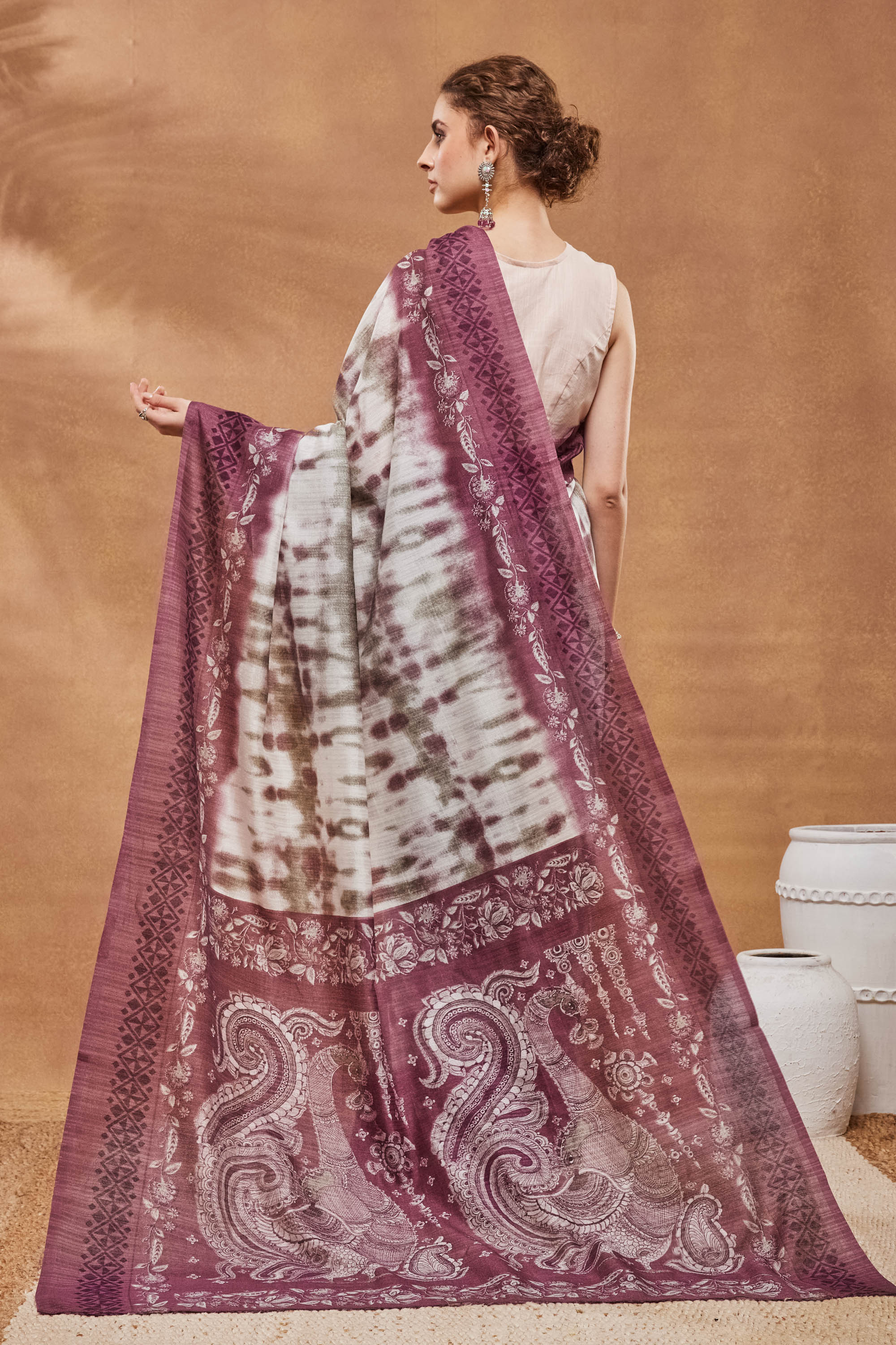 Wine Tie-Dye Floral Silk Blend Saree — alternate view