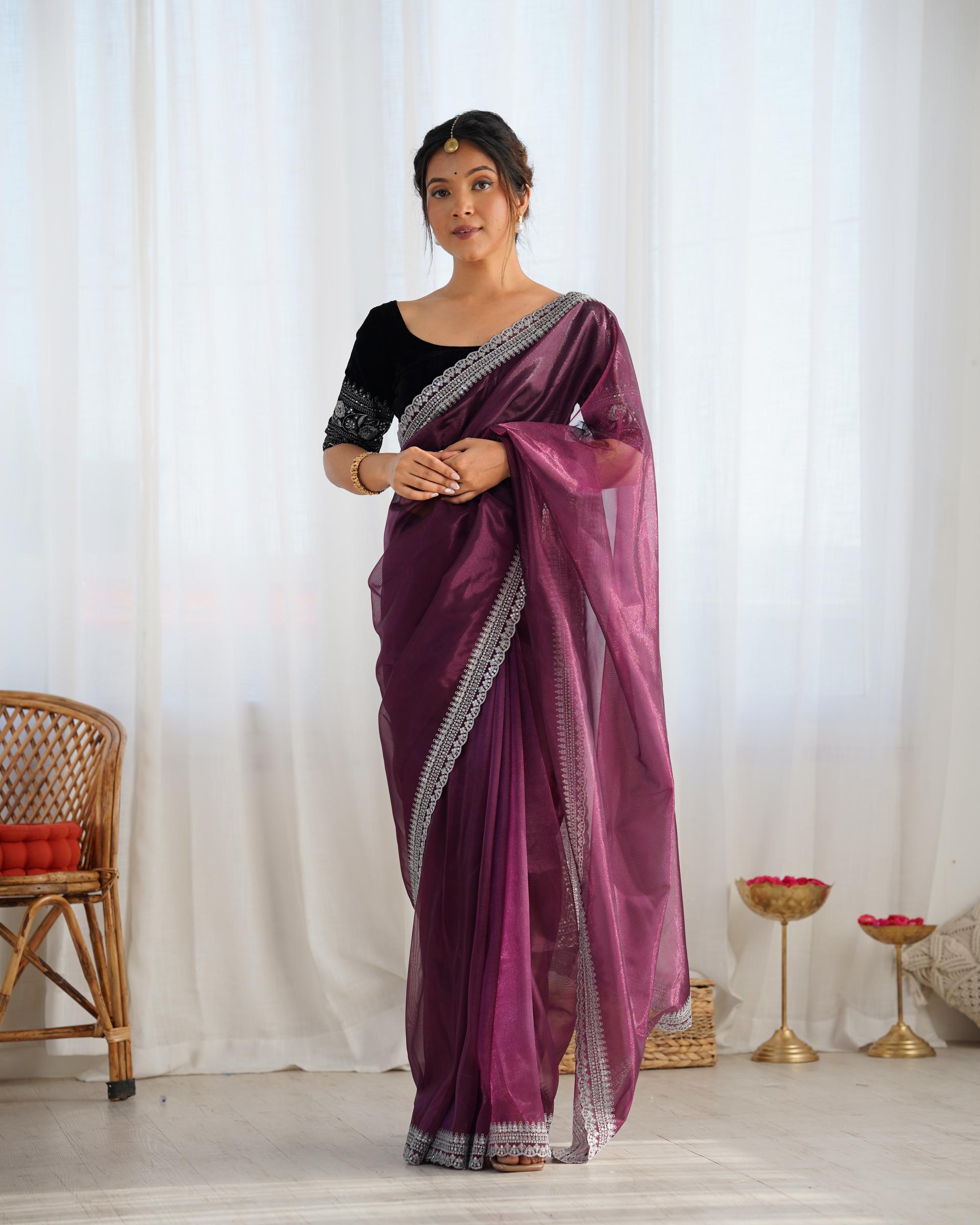Wine Twill Net Saree