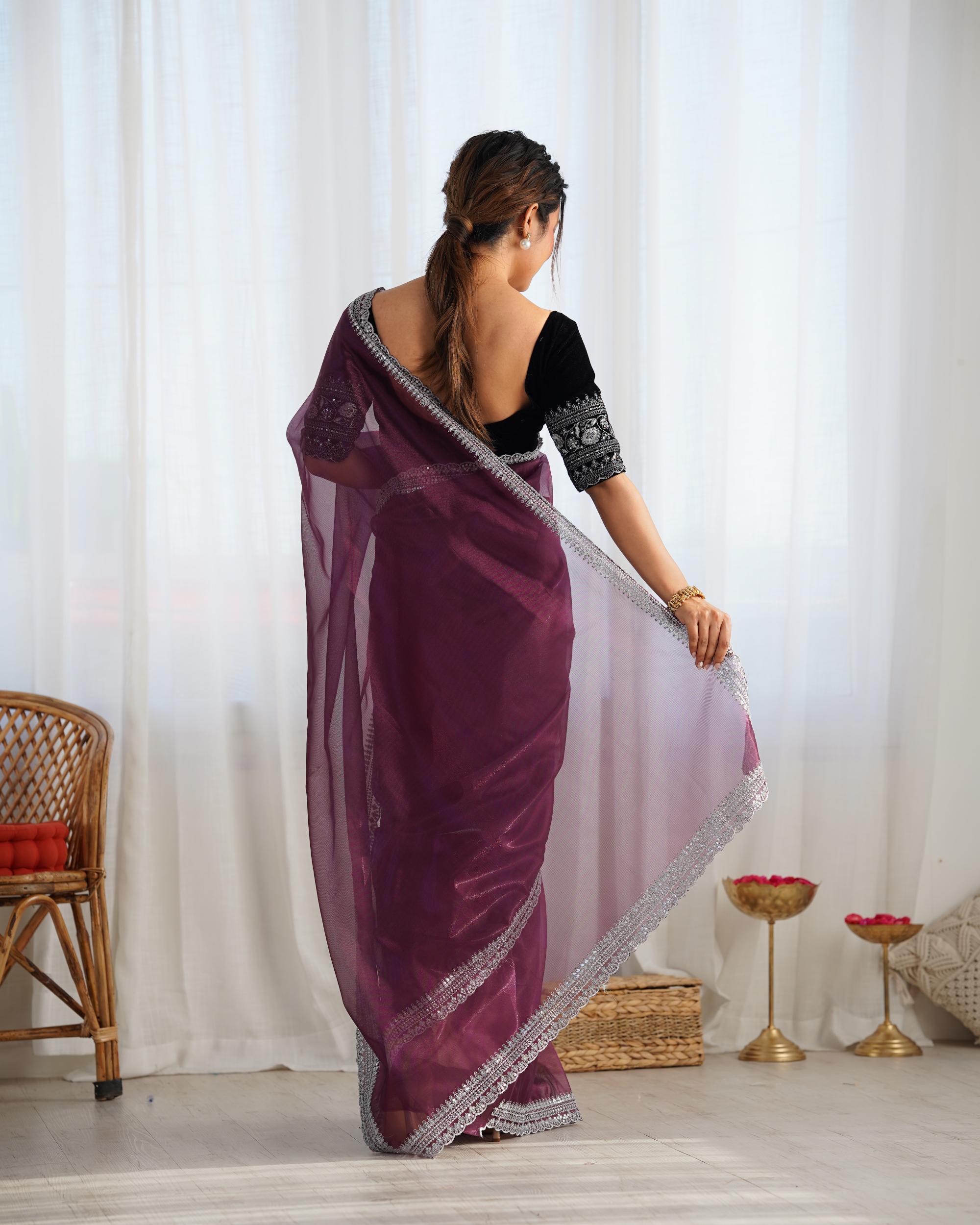 Wine Twill Net Saree — alternate view