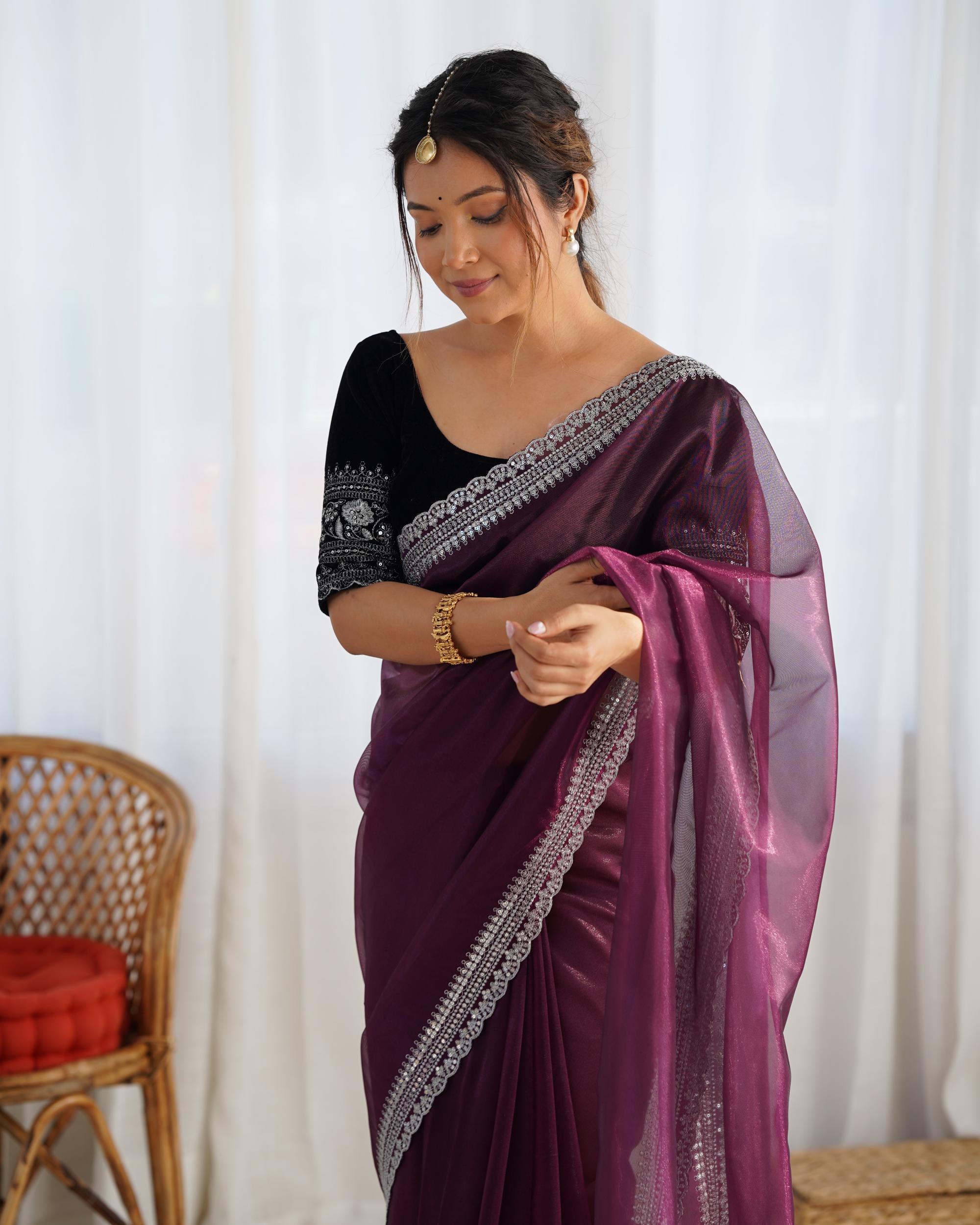 Wine Twill Net Saree