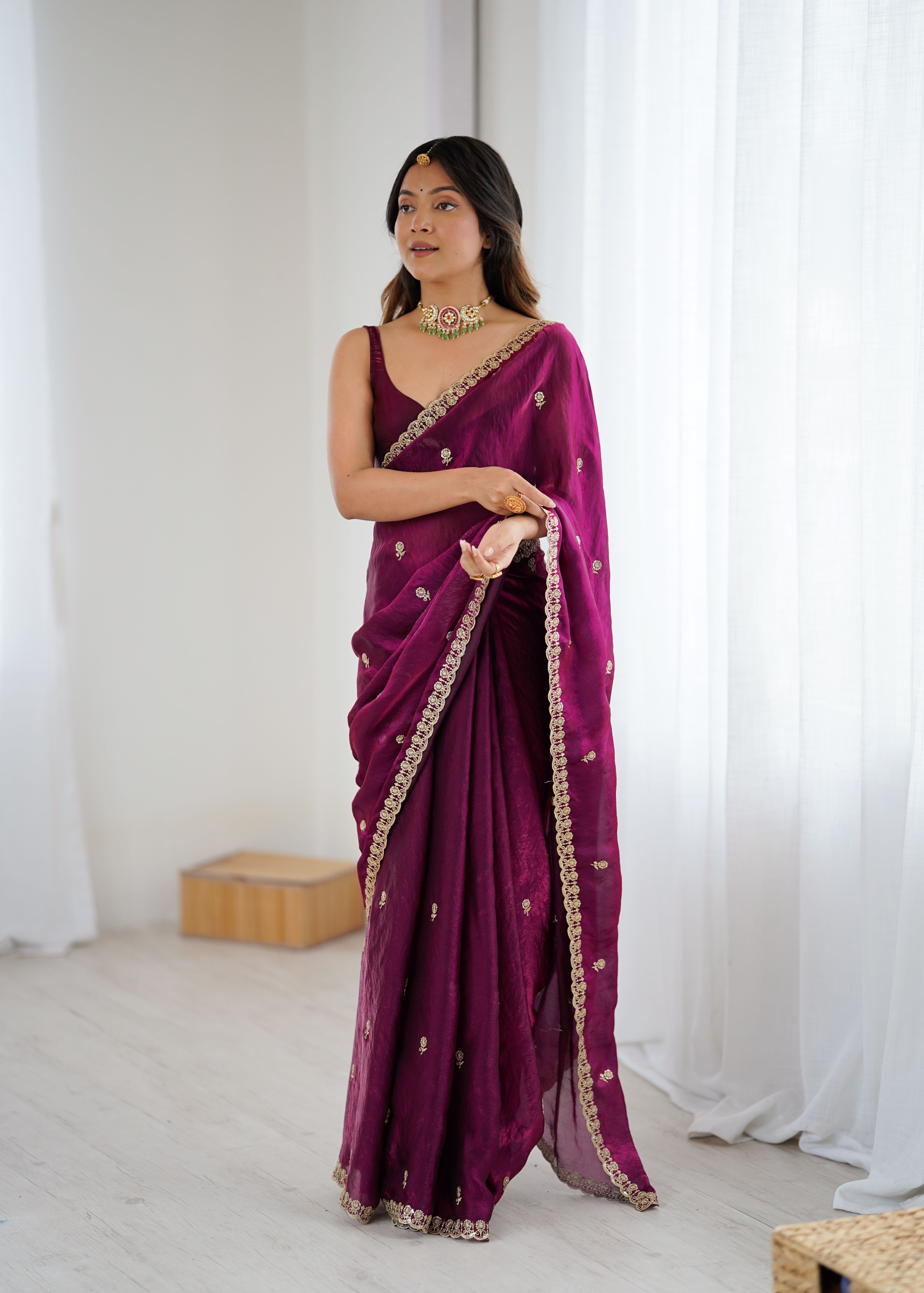 Wine Two Tone Embroidered Fendy Satin Saree