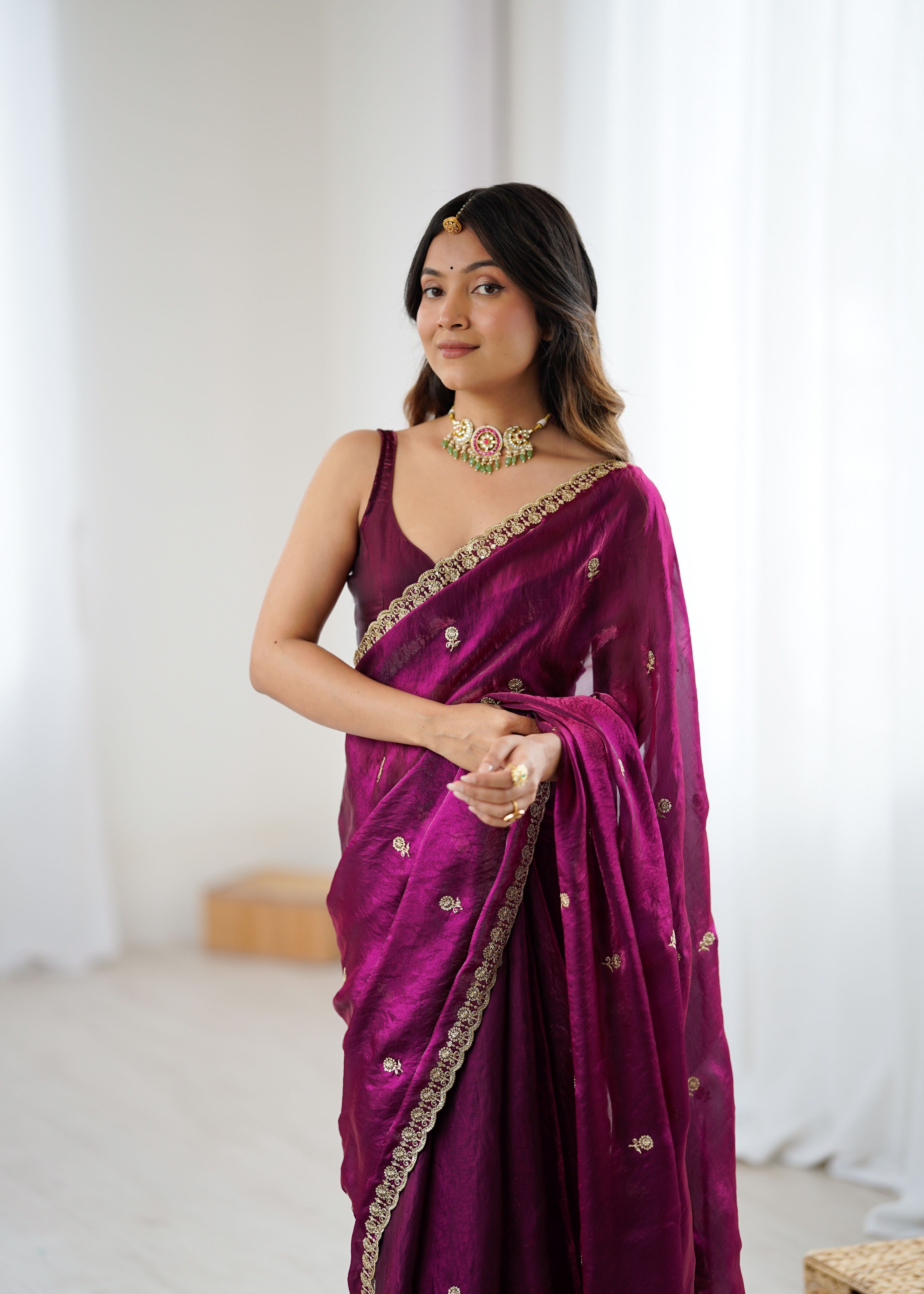 Wine Two Tone Embroidered Fendy Satin Saree — alternate view