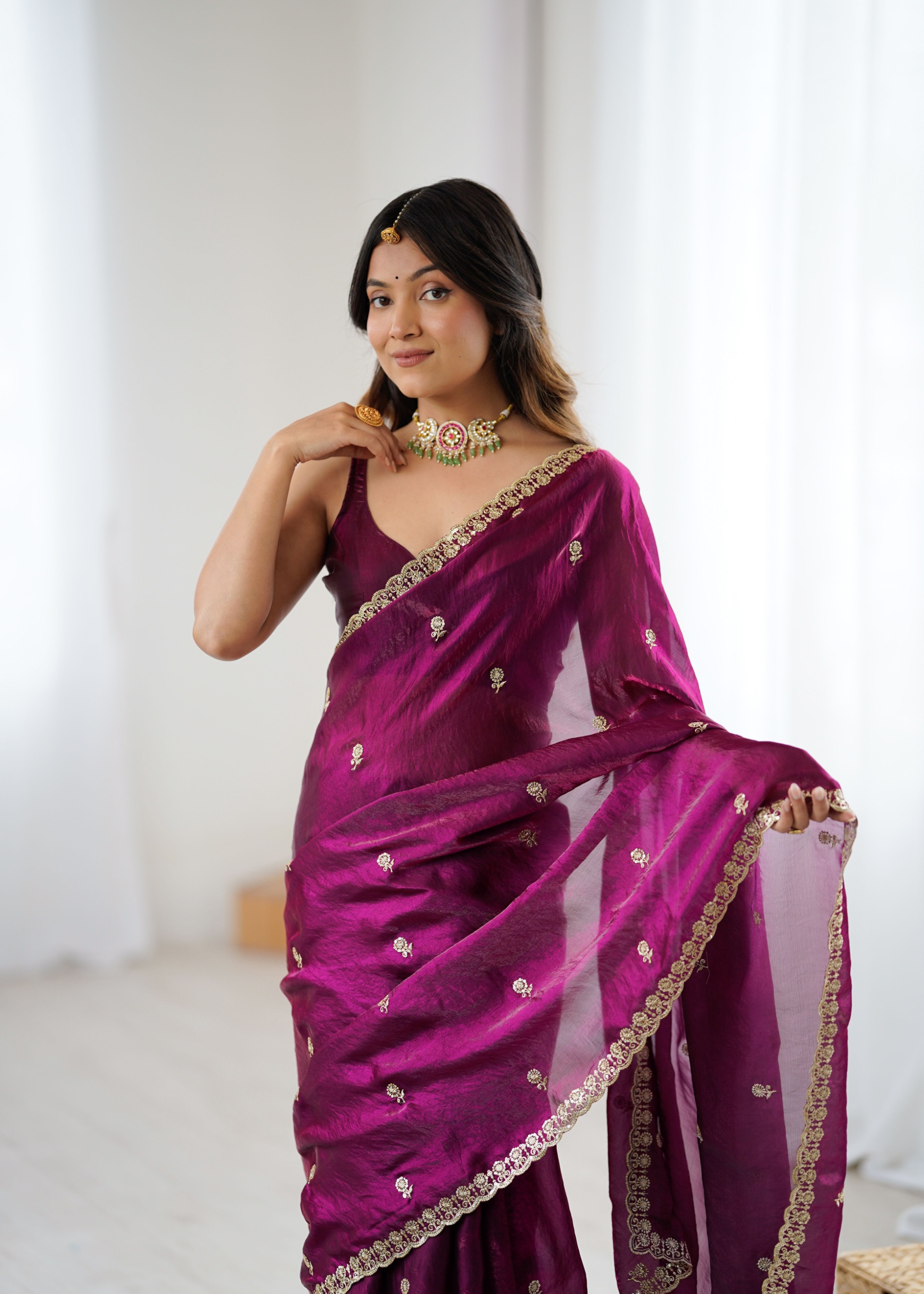 Wine Two Tone Embroidered Fendy Satin Saree