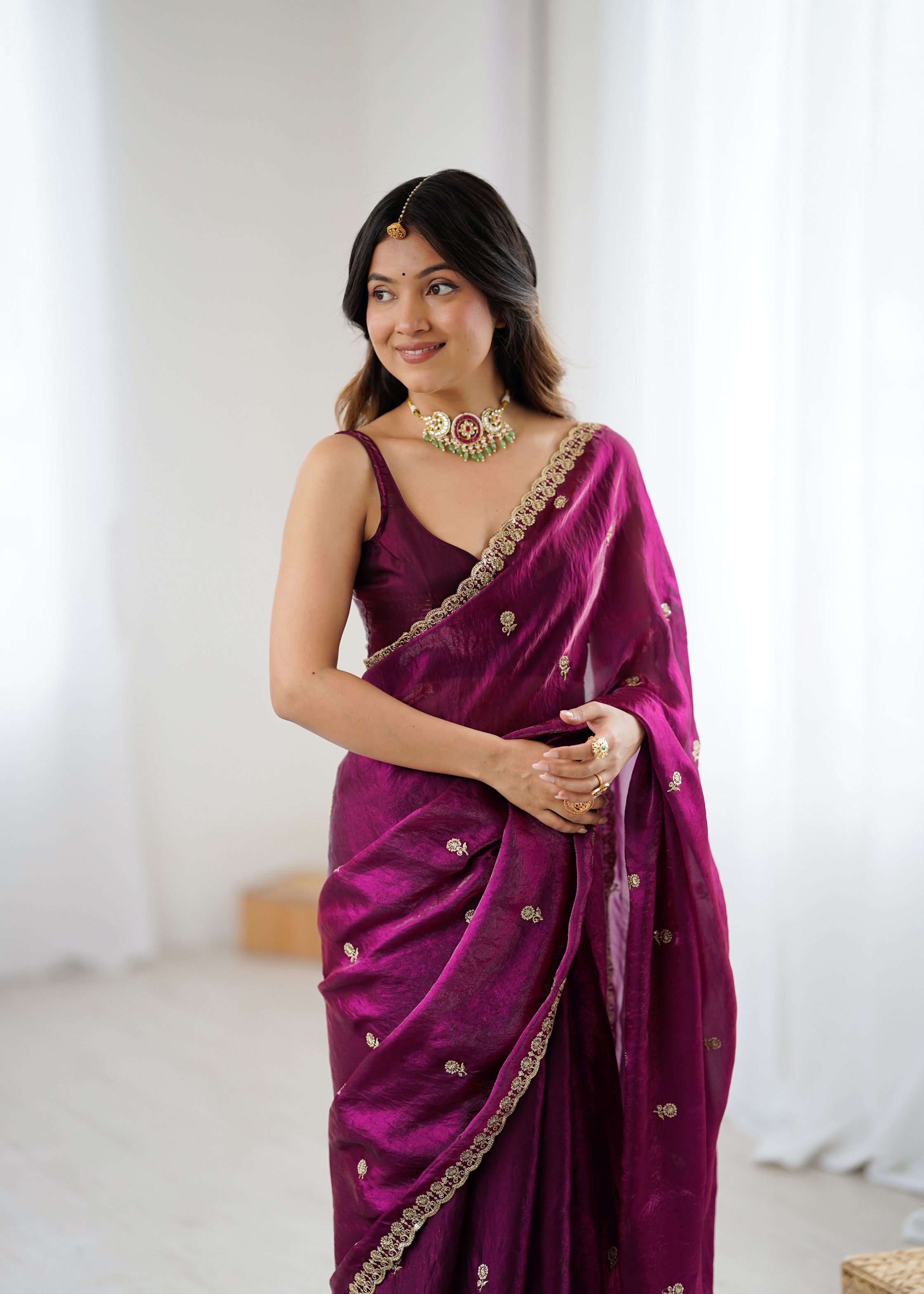 Wine Two Tone Embroidered Fendy Satin Saree