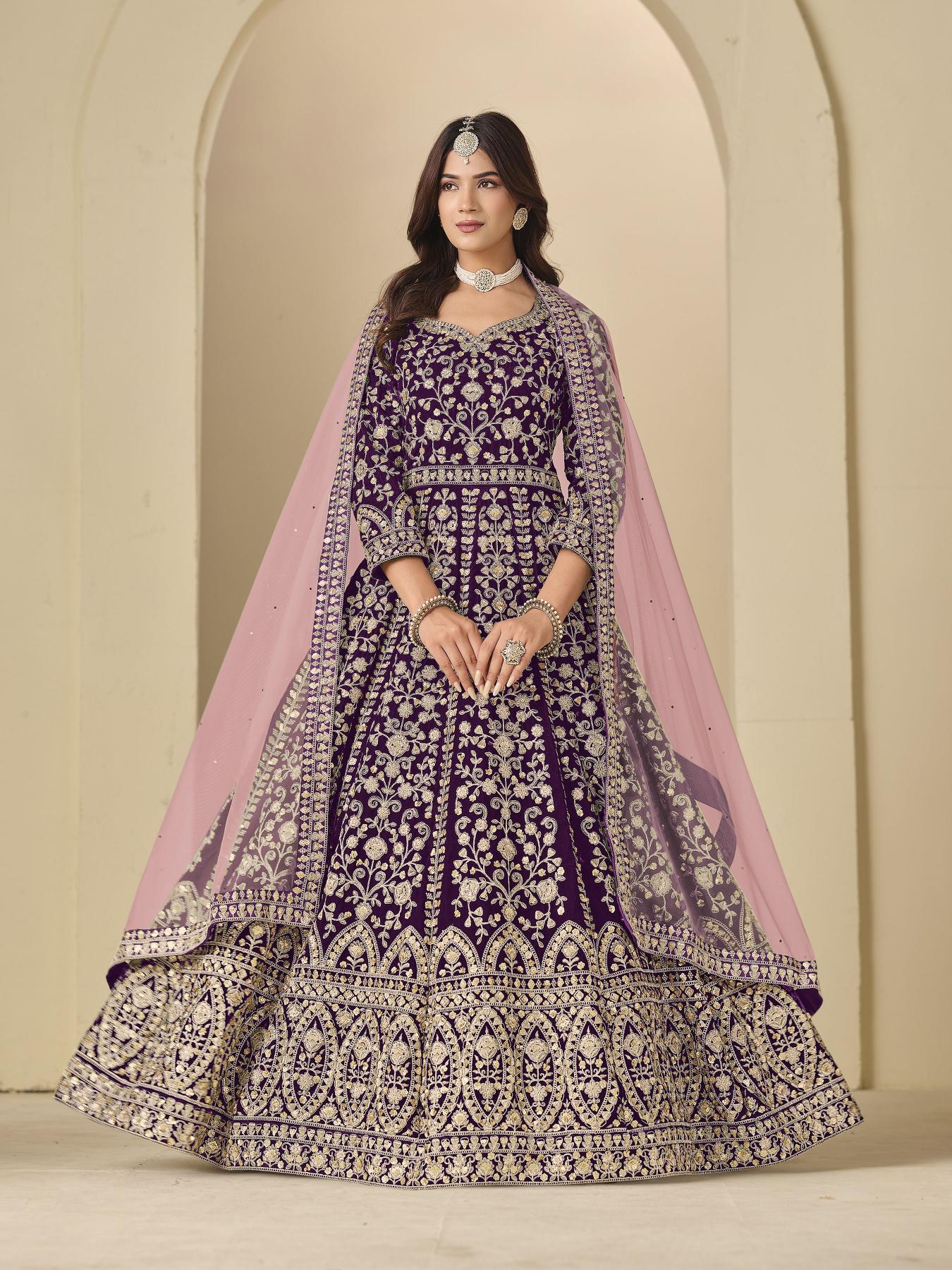 Wine Velvet Designer Embroidered Anarkali Suit