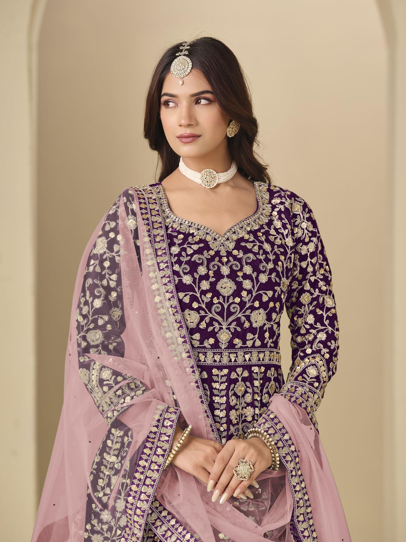 Wine Velvet Designer Embroidered Anarkali Suit