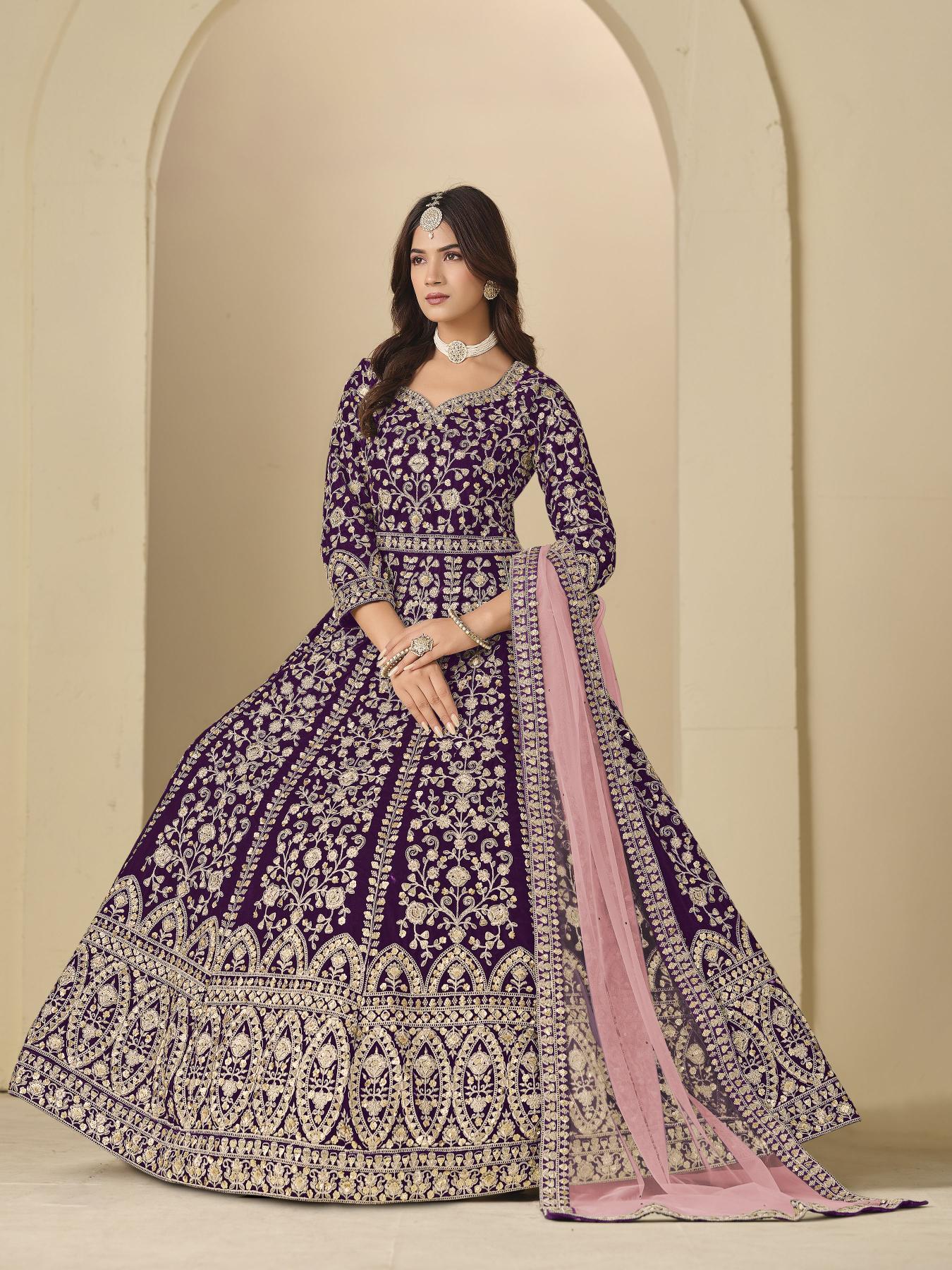 Wine Velvet Designer Embroidered Anarkali Suit