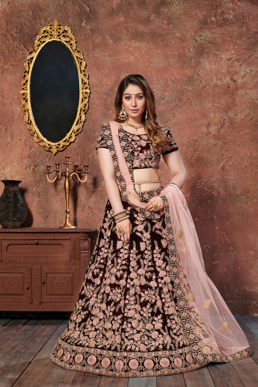 Wine Velvet Embroidered Lehenga Choli