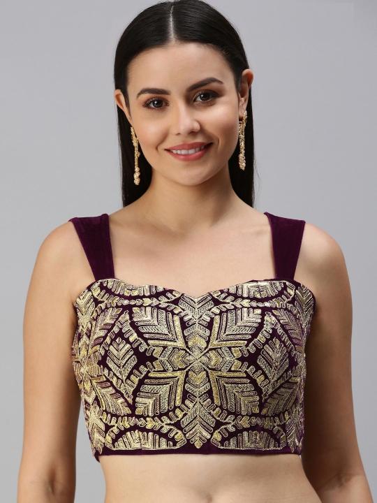 Wine Velvet Embroidered Readymade Blouse