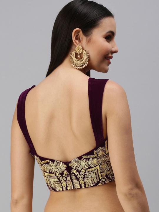 Wine Velvet Embroidered Readymade Blouse — alternate view