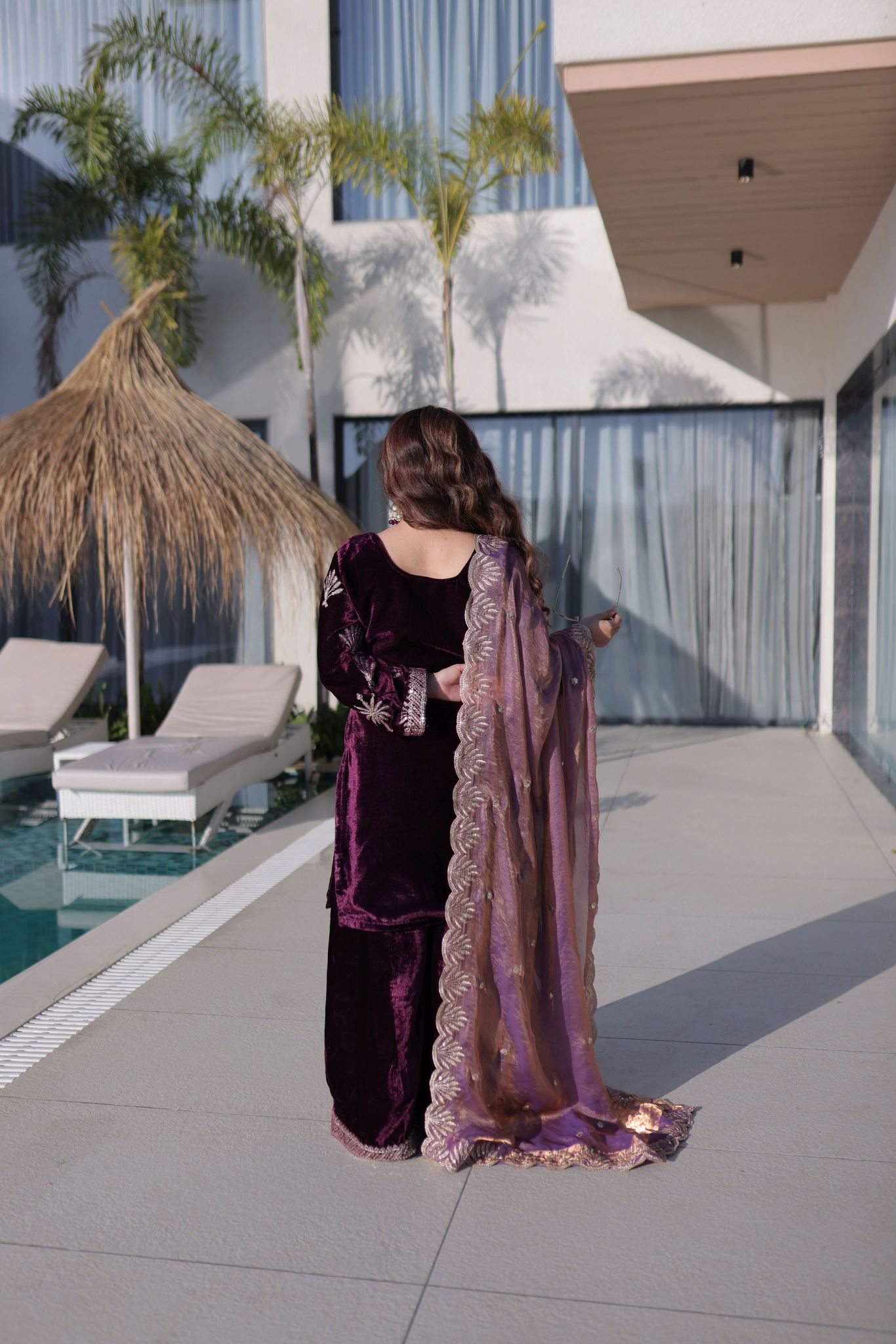 Wine Velvet Zari Embroidered Salwar Suit — alternate view