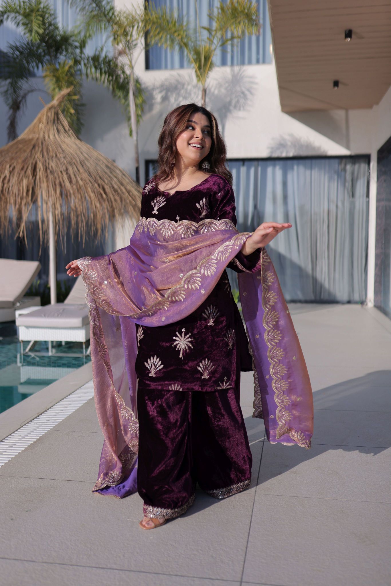 Wine Velvet Zari Embroidered Salwar Suit